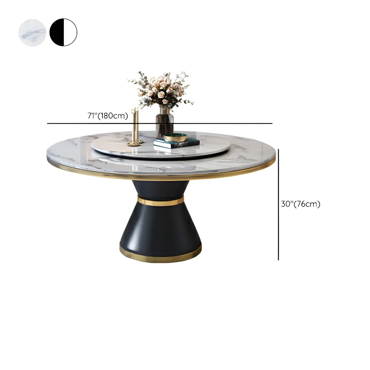 Ronde Marmeren Eettafel met Lazy Susan Draaischijf en Zwart Stalen Onderstel – Luxe Design Dining Tafel Wit 180 cm | Restfield