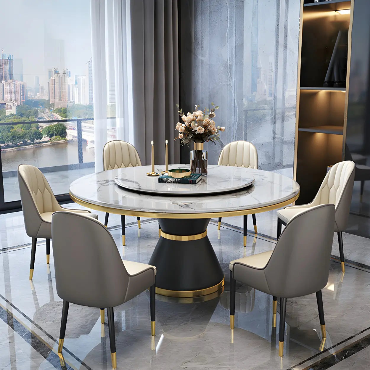 Ronde Marmeren Eettafel met Lazy Susan Draaischijf en Zwart Stalen Onderstel – Luxe Design Dining Tafel Wit 180 cm | Restfield