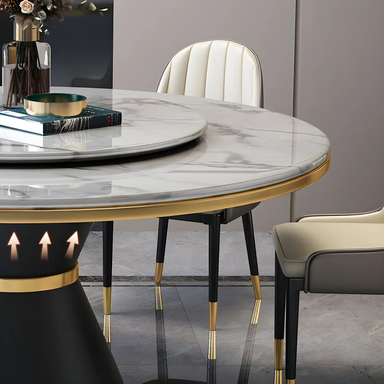 Ronde Marmeren Eettafel met Lazy Susan Draaischijf en Zwart Stalen Onderstel – Luxe Design Dining Tafel Wit 180 cm | Restfield