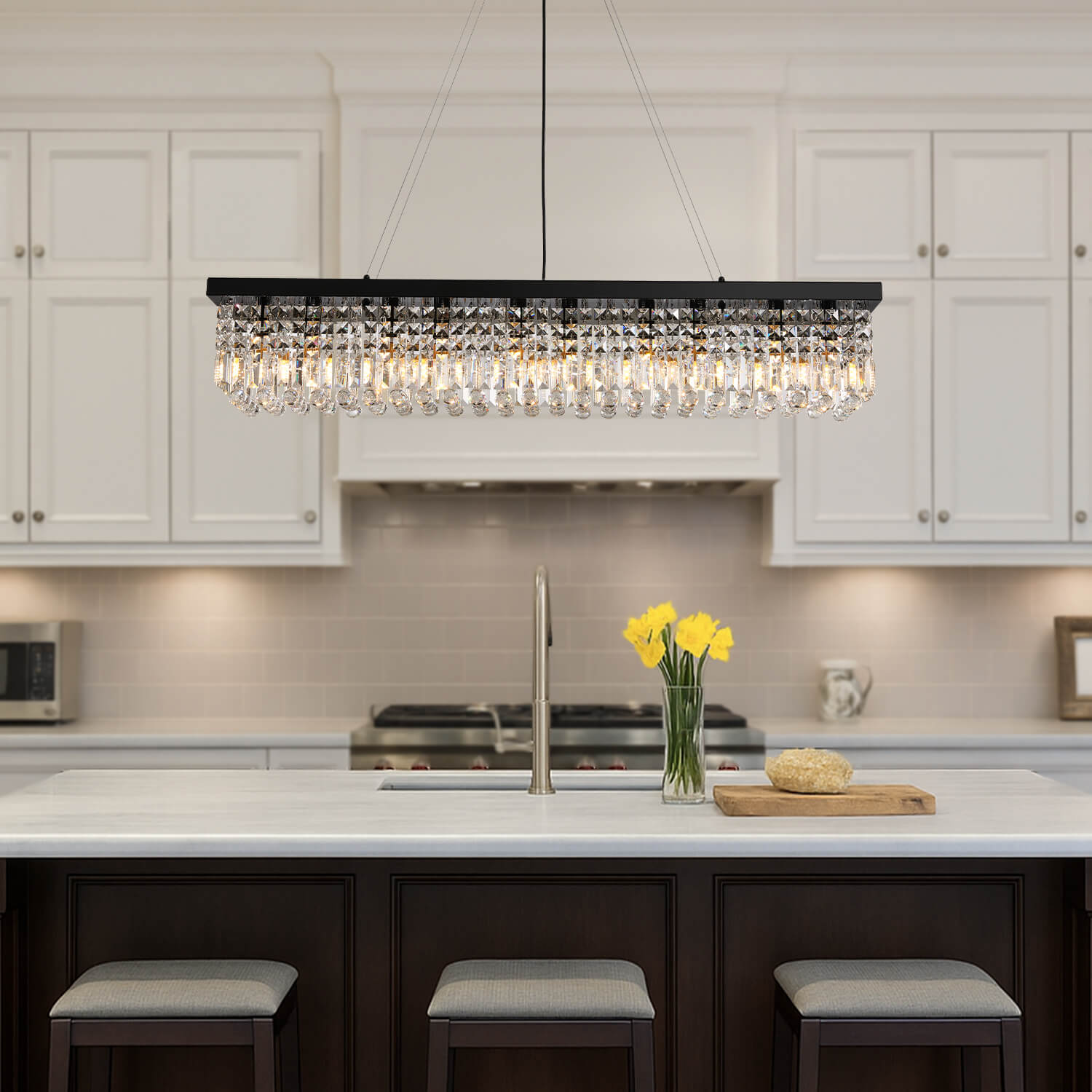 Rechthoekige Kristallen Kroonluchter Regendruppel K9 Zwart E12 Eetkamer Keukeneiland Modern | Restfield