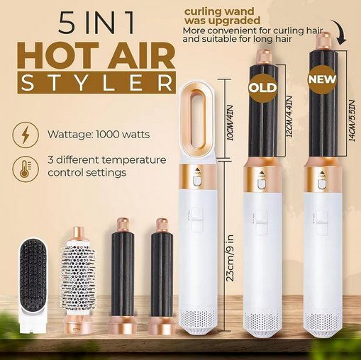 Professionele 5-in-1 airstyler met opzetstukken en luchttechnologie voor drogen, krullen, volume en glad haar | Restfield