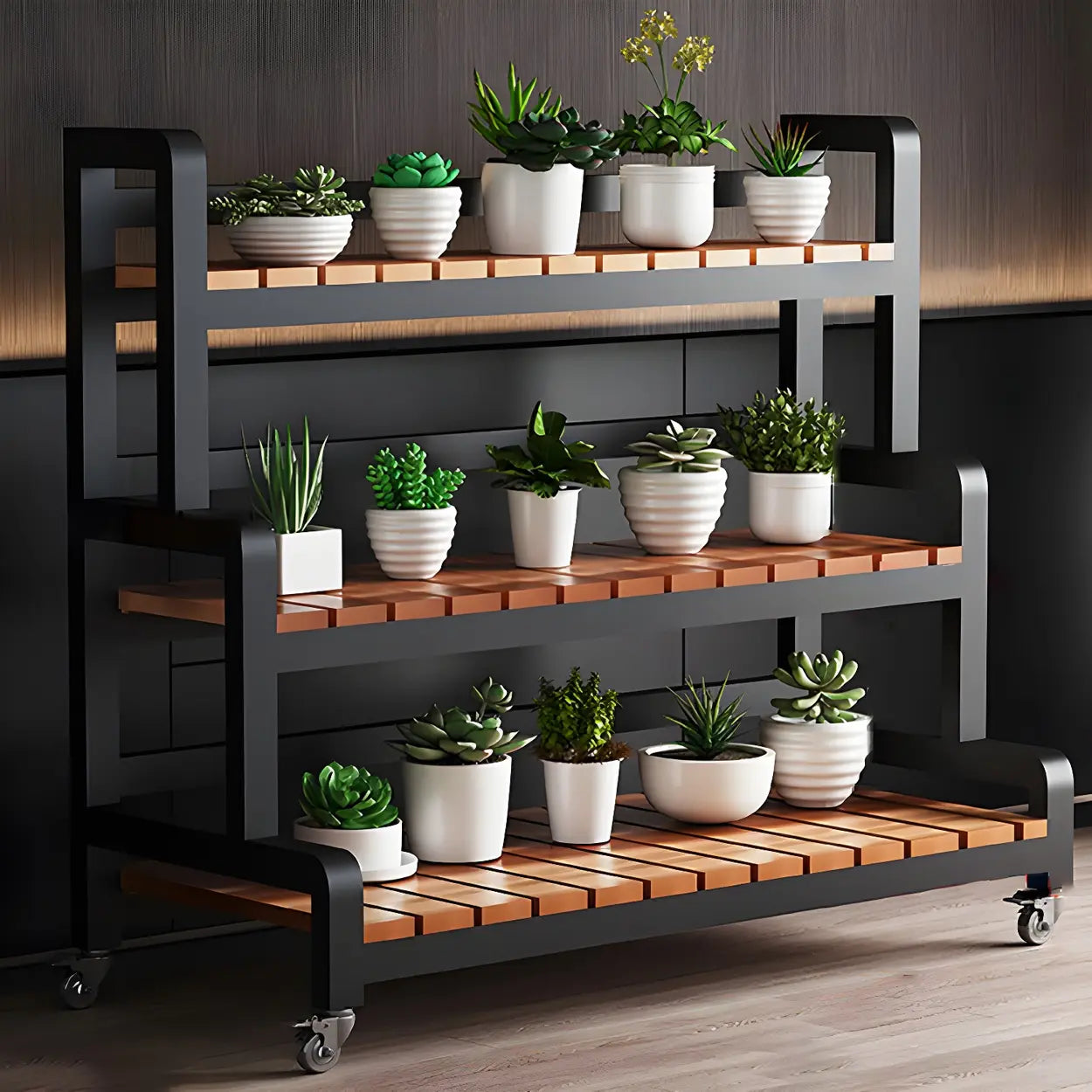 Zwarte Houten Plantenstandaard met 3 Lagen en Optionele Wielen – Rechthoekige Plantentafel voor Binnen | Restfield
