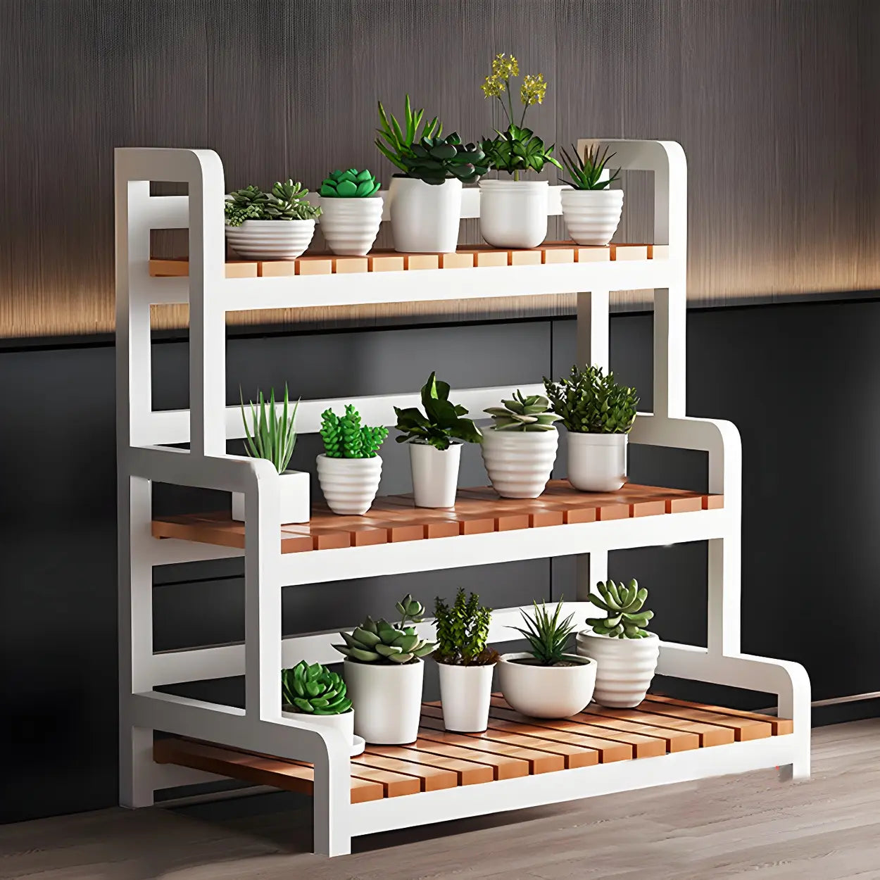 Zwarte Houten Plantenstandaard met 3 Lagen en Optionele Wielen – Rechthoekige Plantentafel voor Binnen | Restfield