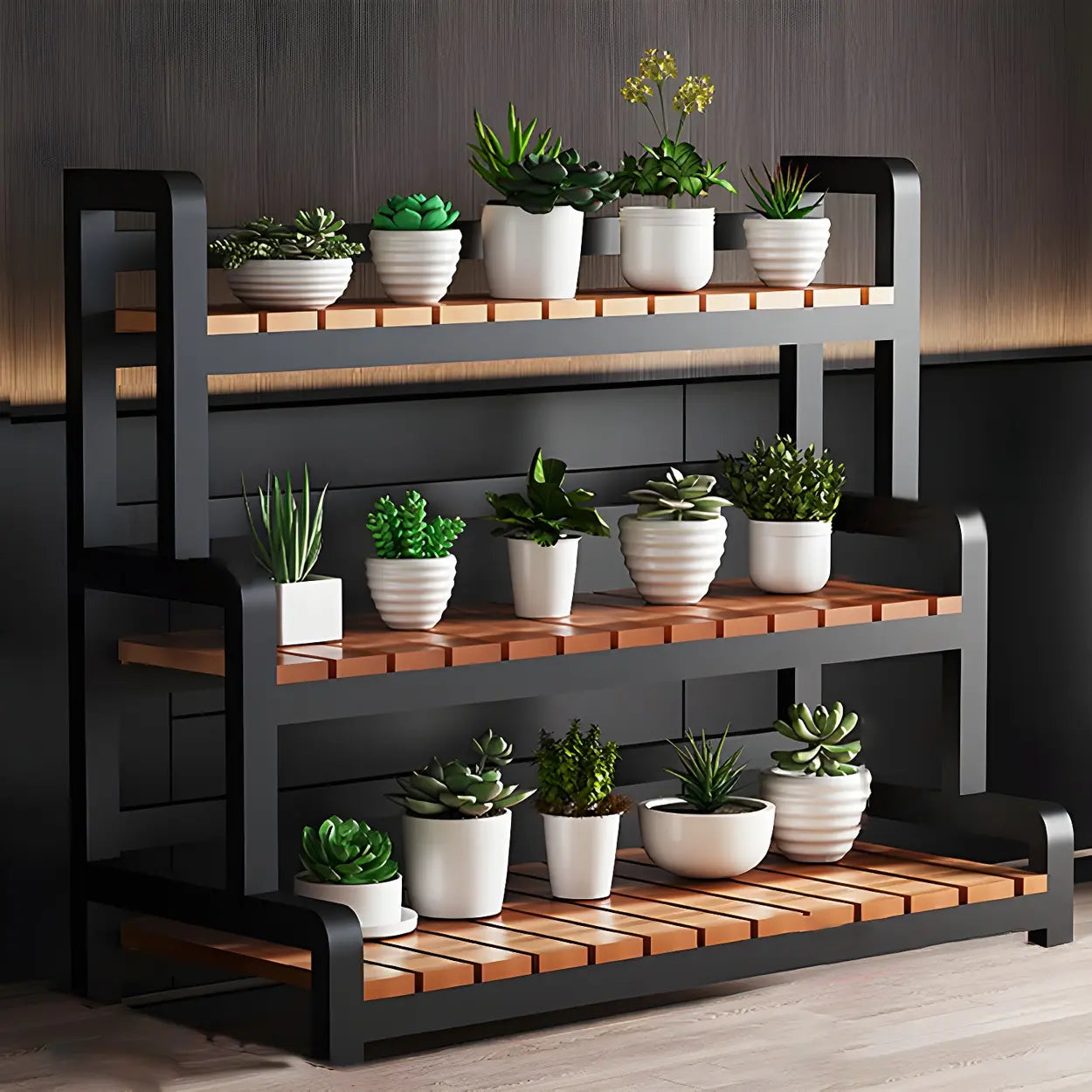 Zwarte Houten Plantenstandaard met 3 Lagen en Optionele Wielen – Rechthoekige Plantentafel voor Binnen | Restfield