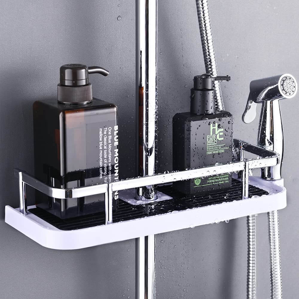 Verstelbare douche organizer voor douchestang zonder boren met haken en snelle waterafvoer | Restfield
