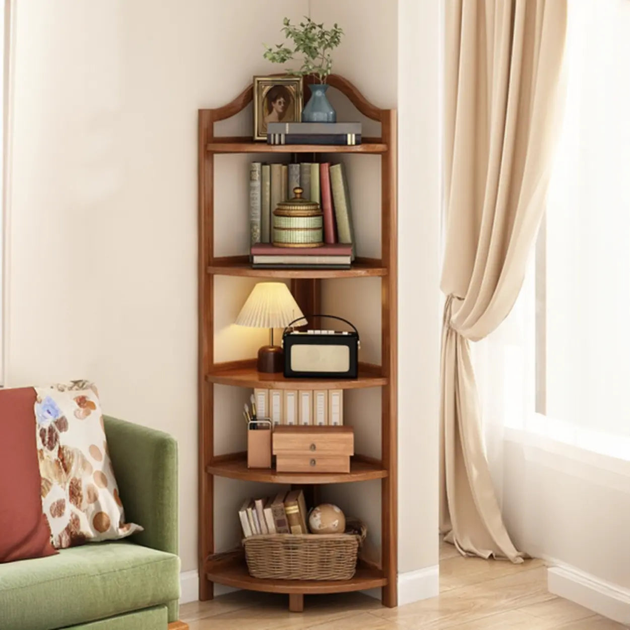 Verticale Open Hoek Boekenkast van Massief Hout met Natuurlijke Afwerking voor Woonkamer en Slaapkamer | Restfield