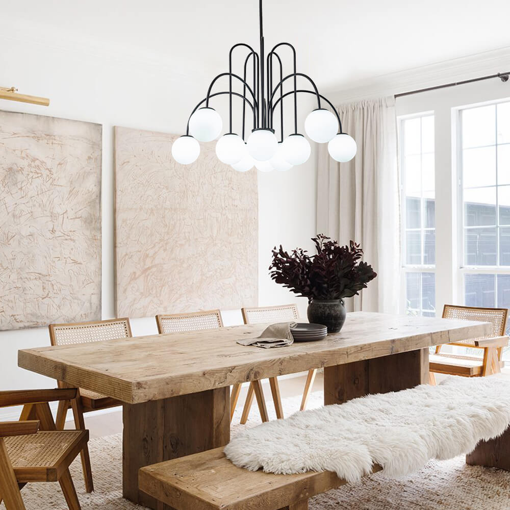 Kroonluchter Swirl 10-Lichts Opaal Glas Zwart Messing 98cm Eetkamer Woonkamer Dimbaar