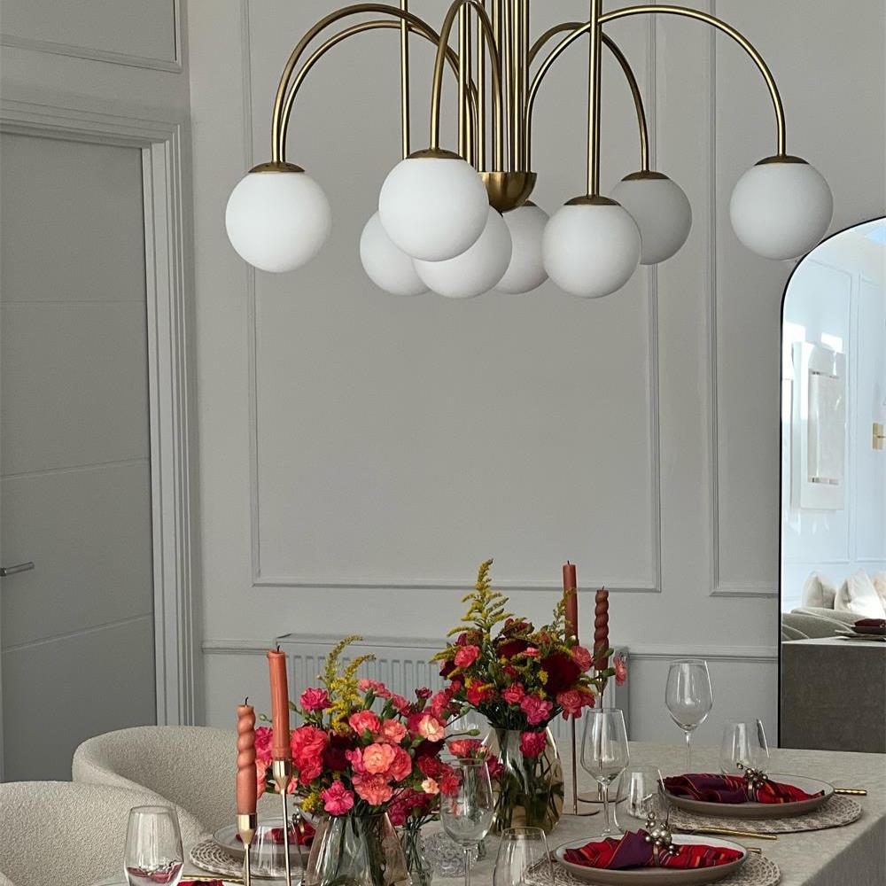 Kroonluchter Swirl 10-Lichts Opaal Glas Zwart Messing 98cm Eetkamer Woonkamer Dimbaar