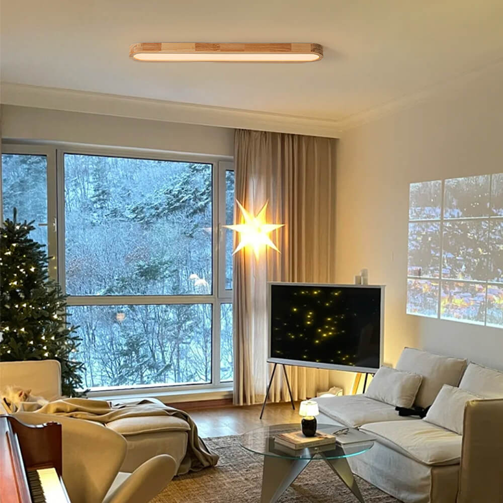 Plafondlamp Ovaal LED Houtlook Dimbaar Afstandsbediening 95cm Keuken Woonkamer Modern