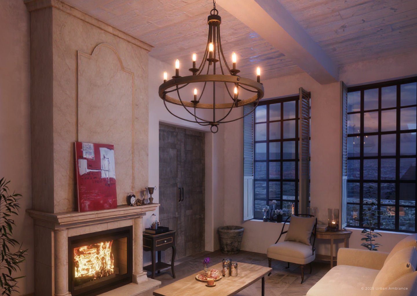 Kroonluchter Industrieel Rond Houtlook Staal Charcoal 90cm 9 Lichts | Restfield