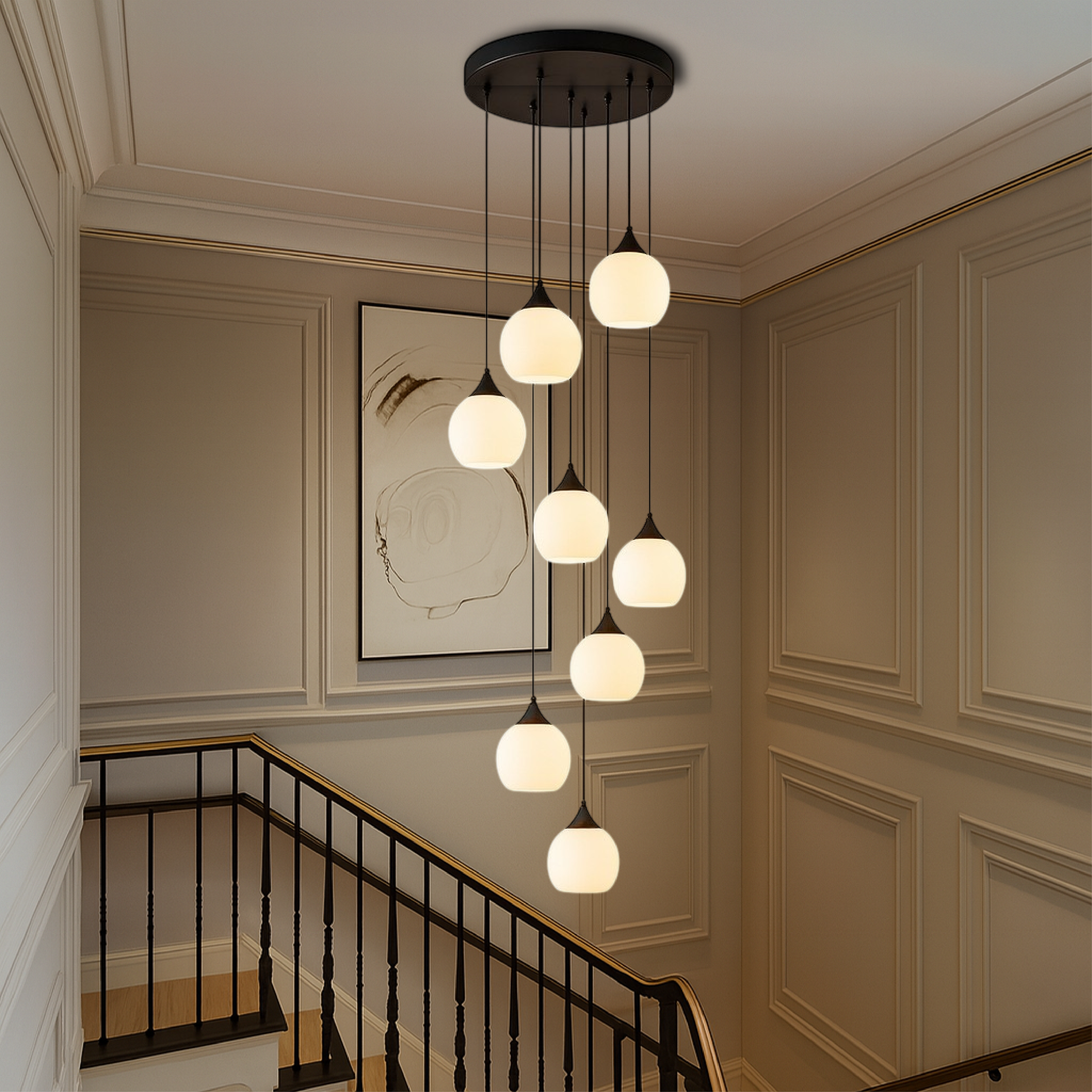 Lustre d'escalier Villa Gades LED verre noir escalier hall suspension moderne luxe éclairage plafond haut entrée | Restfield