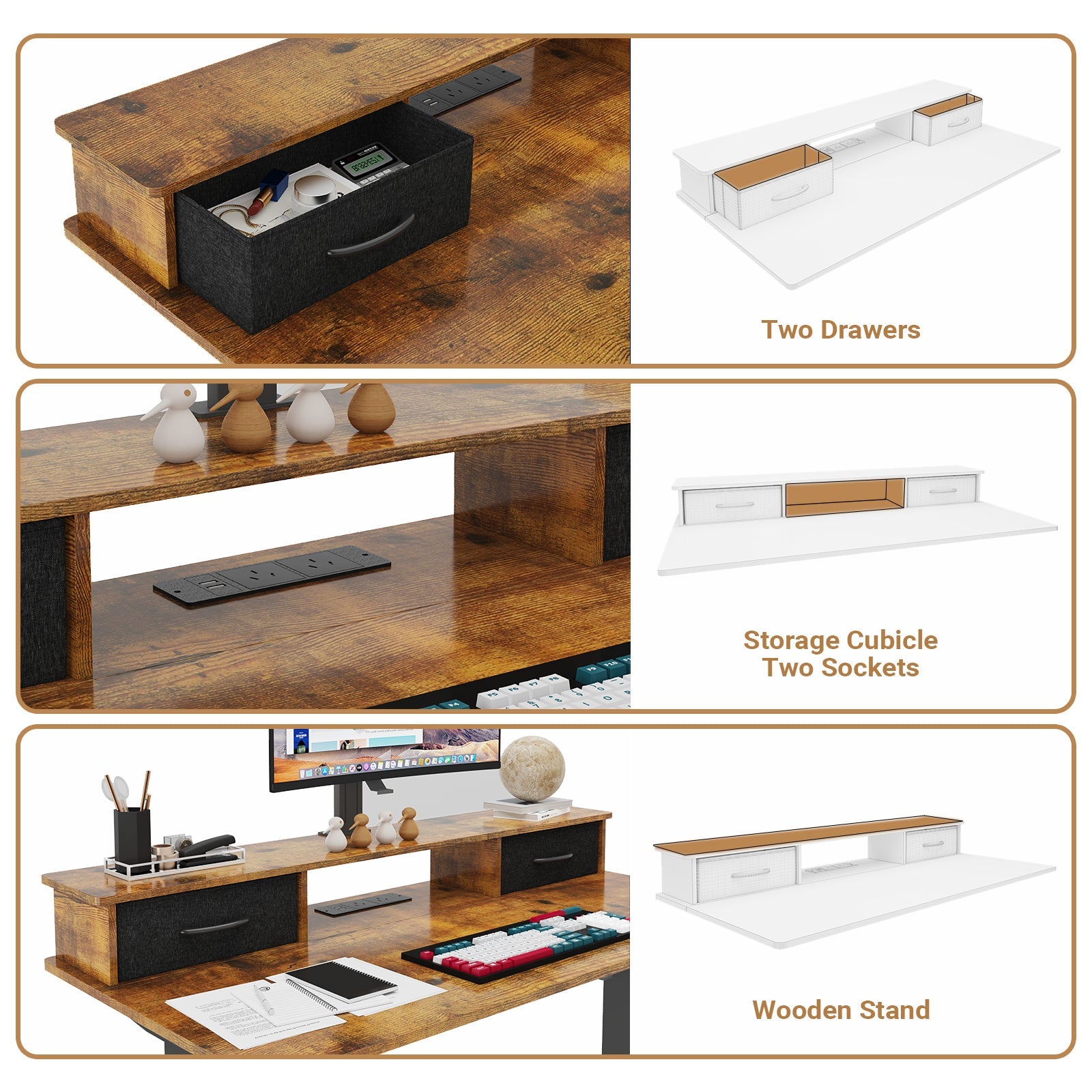 Elektrisch Verstelbaar Zit Sta Bureau 120x60 cm met Lades, USB Poorten en Geheugenfunctie – Walnoot Zwart Frame | Restfield