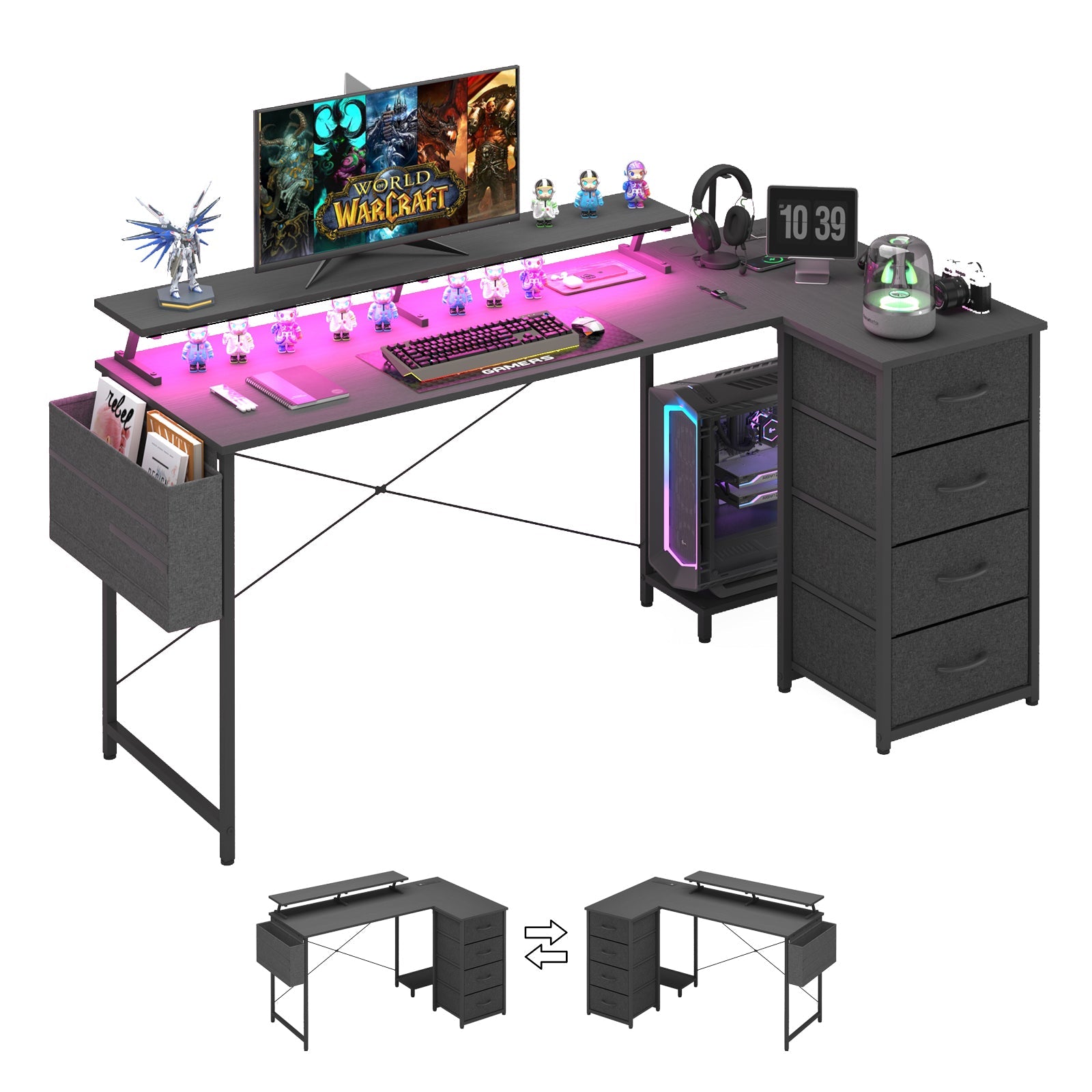 L Vormig Gaming Bureau met RGB LED, Stopcontacten en Monitorstandaard – 140 of 160 cm Hoekbureau Zwart | Restfield