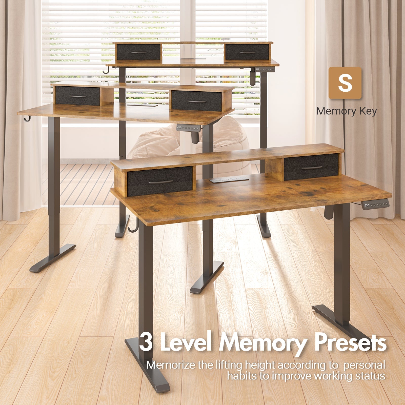 Elektrisch Verstelbaar Zit Sta Bureau 120x60 cm met Lades, USB Poorten en Geheugenfunctie – Walnoot Zwart Frame | Restfield