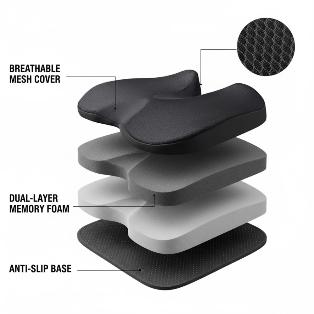 Ergonomisch Zitkussen Memory Foam Ademend Antislip Wasbaar Hoes Kantoor Auto Rolstoel 44x14cm | Restfield