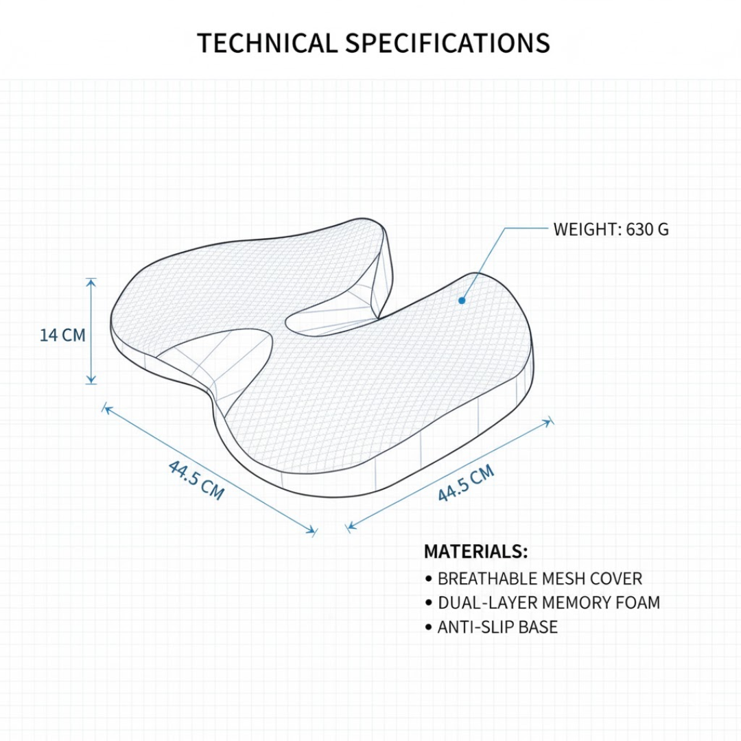 Ergonomisch Zitkussen Memory Foam Ademend Antislip Wasbaar Hoes Kantoor Auto Rolstoel 44x14cm | Restfield
