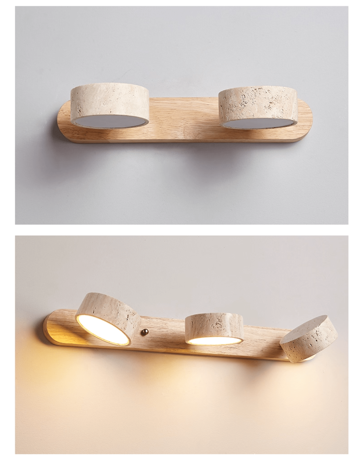 Travertijn Wandlamp Met Houten Basis En Dubbele LED Lichtbron Natuurlijke Steen Design Wandverlichting Voor Slaapkamer Hal En Woonkamer | Restfield