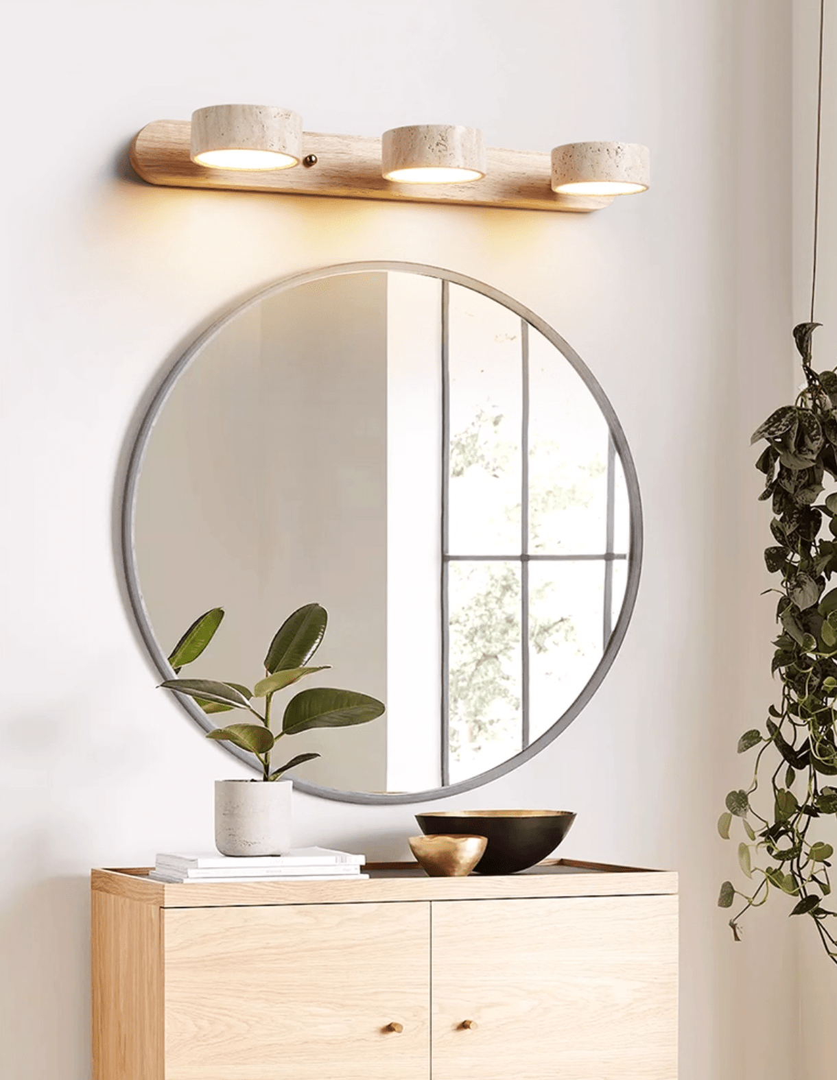 Travertijn Wandlamp Met Houten Basis En Dubbele LED Lichtbron Natuurlijke Steen Design Wandverlichting Voor Slaapkamer Hal En Woonkamer | Restfield