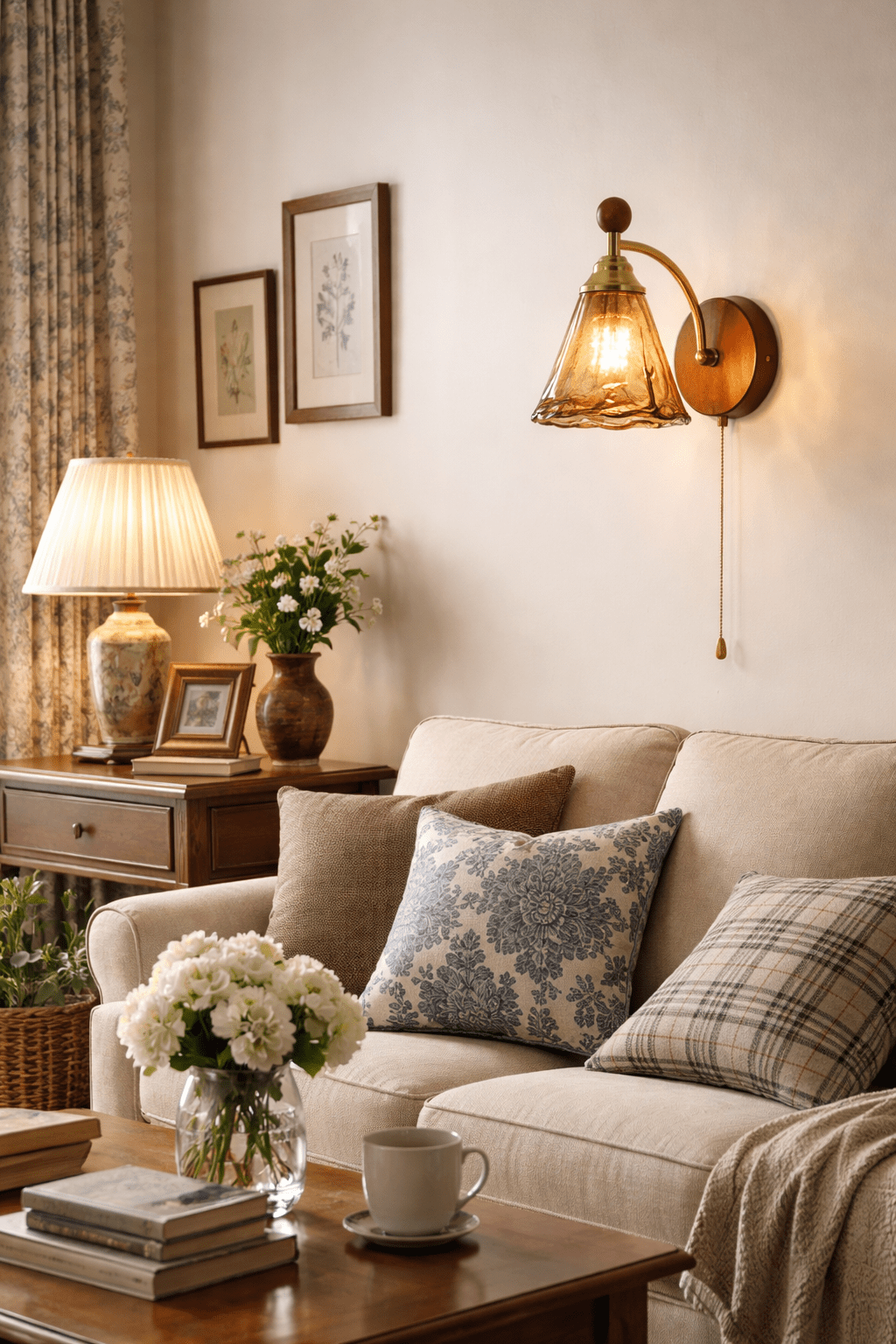 Vintage Wandlamp Met Amber Glazen Kap En Houten Wandplaat In Walnootkleur | Restfield