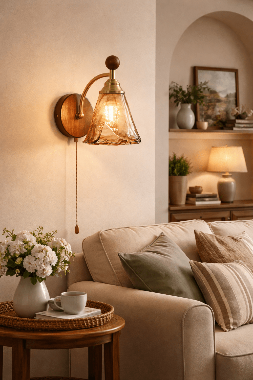 Vintage Wandlamp Met Amber Glazen Kap En Houten Wandplaat In Walnootkleur | Restfield