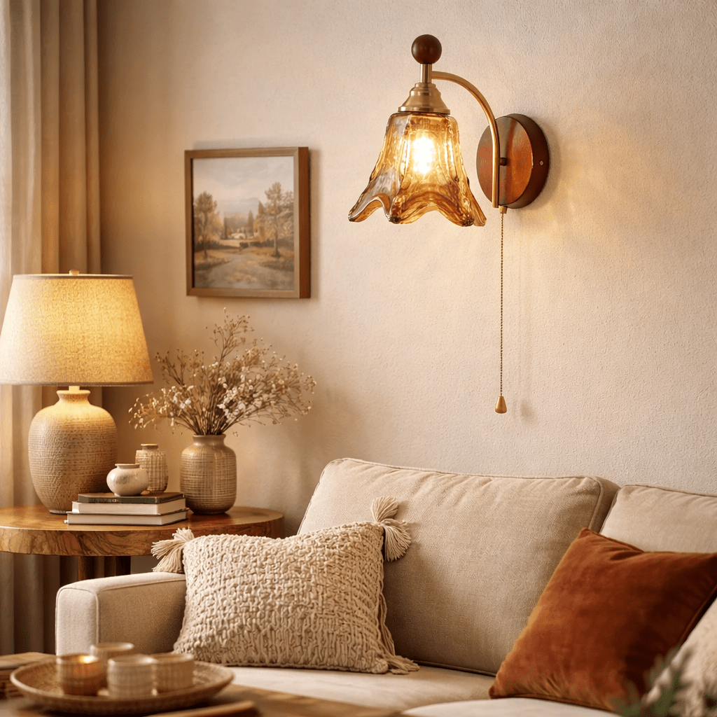 Vintage Wandlamp Met Amber Glazen Kap En Houten Wandplaat In Walnootkleur | Restfield