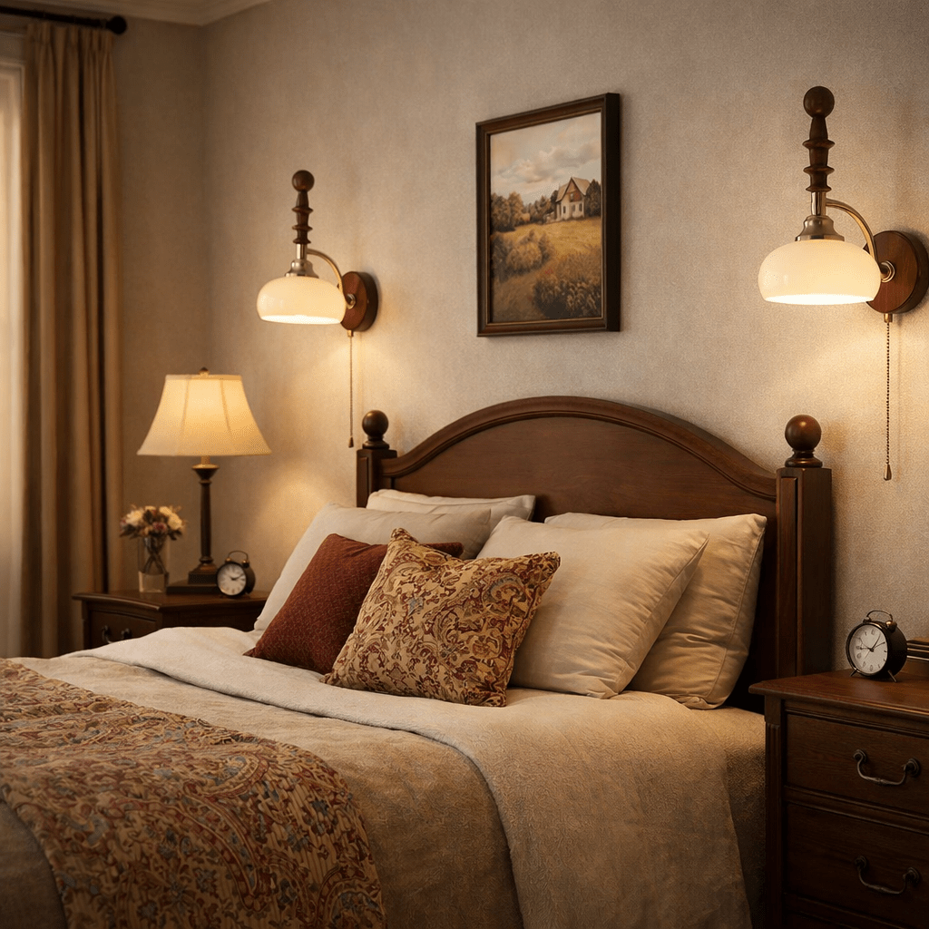 Vintage Wandlamp Met Trekkoord, Walnoot Houten Wandplaat En Opaalglazen Kap | Restfield