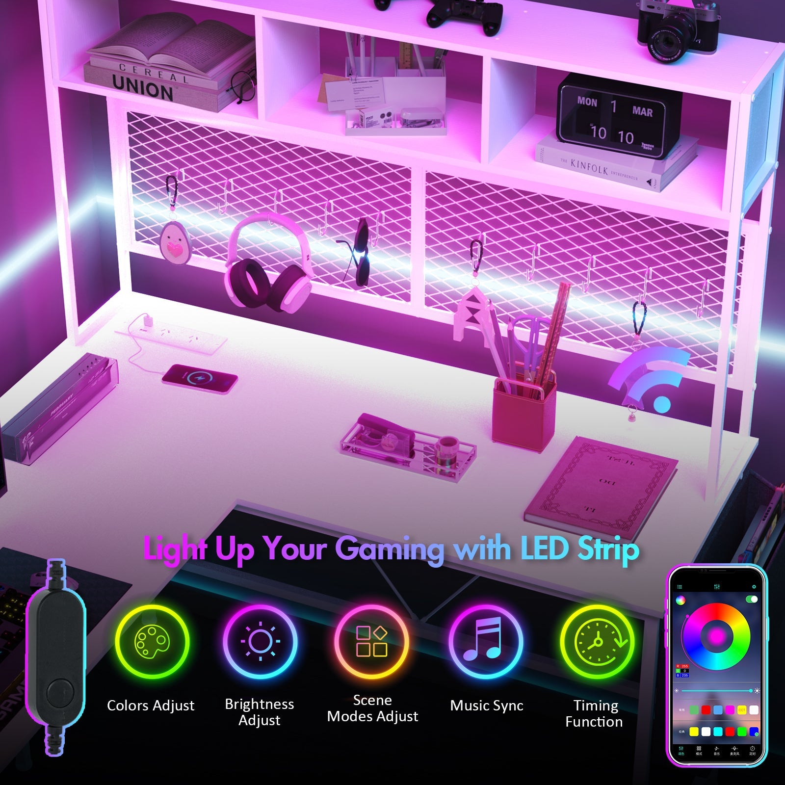 L Vormig Gaming Bureau met RGB LED, Stopcontacten en Opbergplank 170/240 cm – Walnoot Hoekbureau met Stalen Frame | Restfield