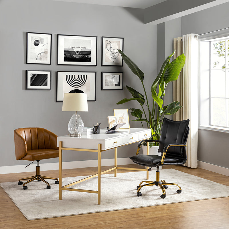 Luxe Ergonomische Bureaustoel Met Gouden Onderstel En Draaifunctie In Vegan Leer | Restfield