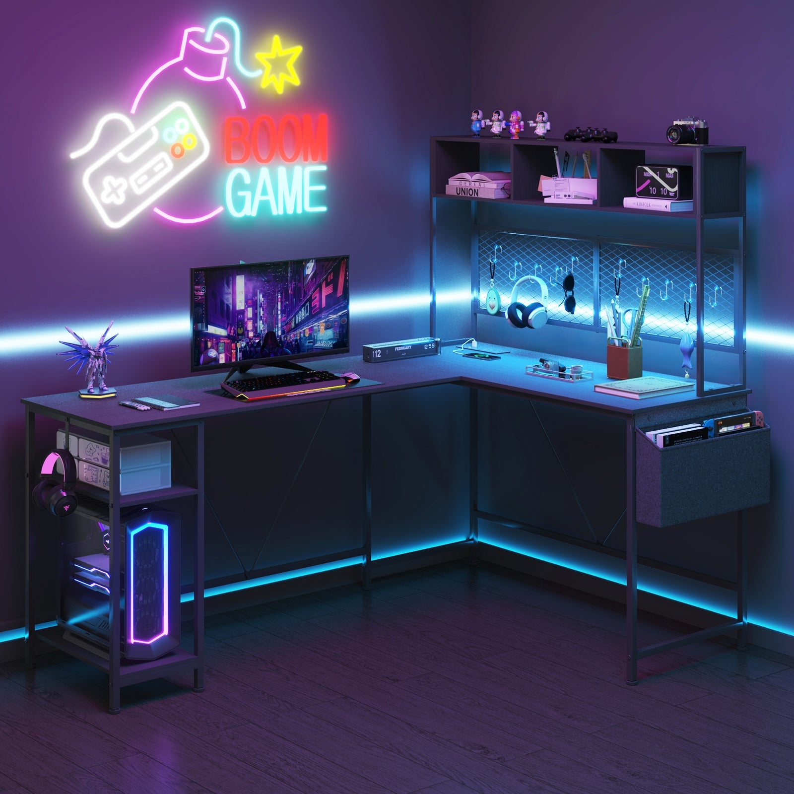 L Vormig Gaming Bureau met RGB LED, Stopcontacten en Opbergplank 170/240 cm – Walnoot Hoekbureau met Stalen Frame | Restfield