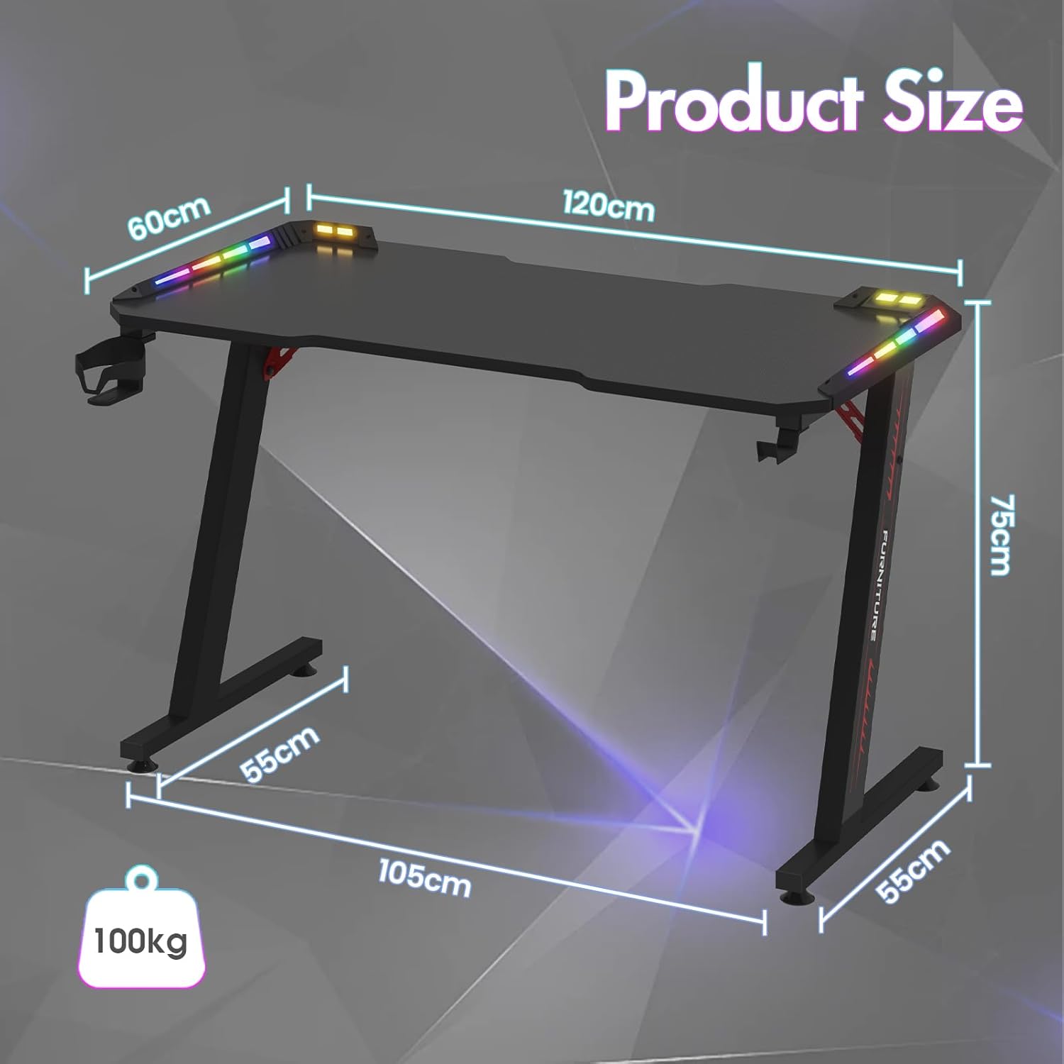 Gaming Bureau met RGB LED Verlichting 120x60 cm – Carbon Fiber Look met Z Frame en Accessoires | Restfield