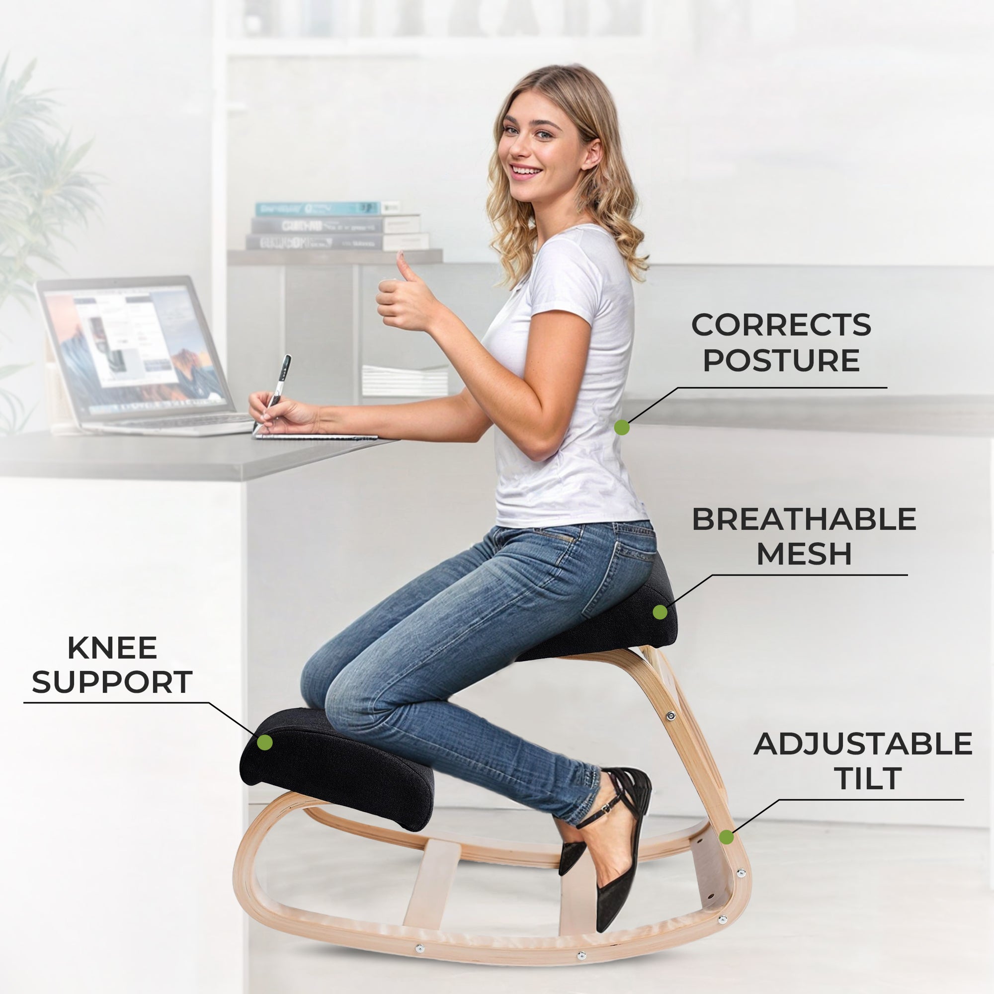 Ergonomische Houten Knielstoel met Schommelbasis en Memory Foam Kussens – Zwart Design | Restfield