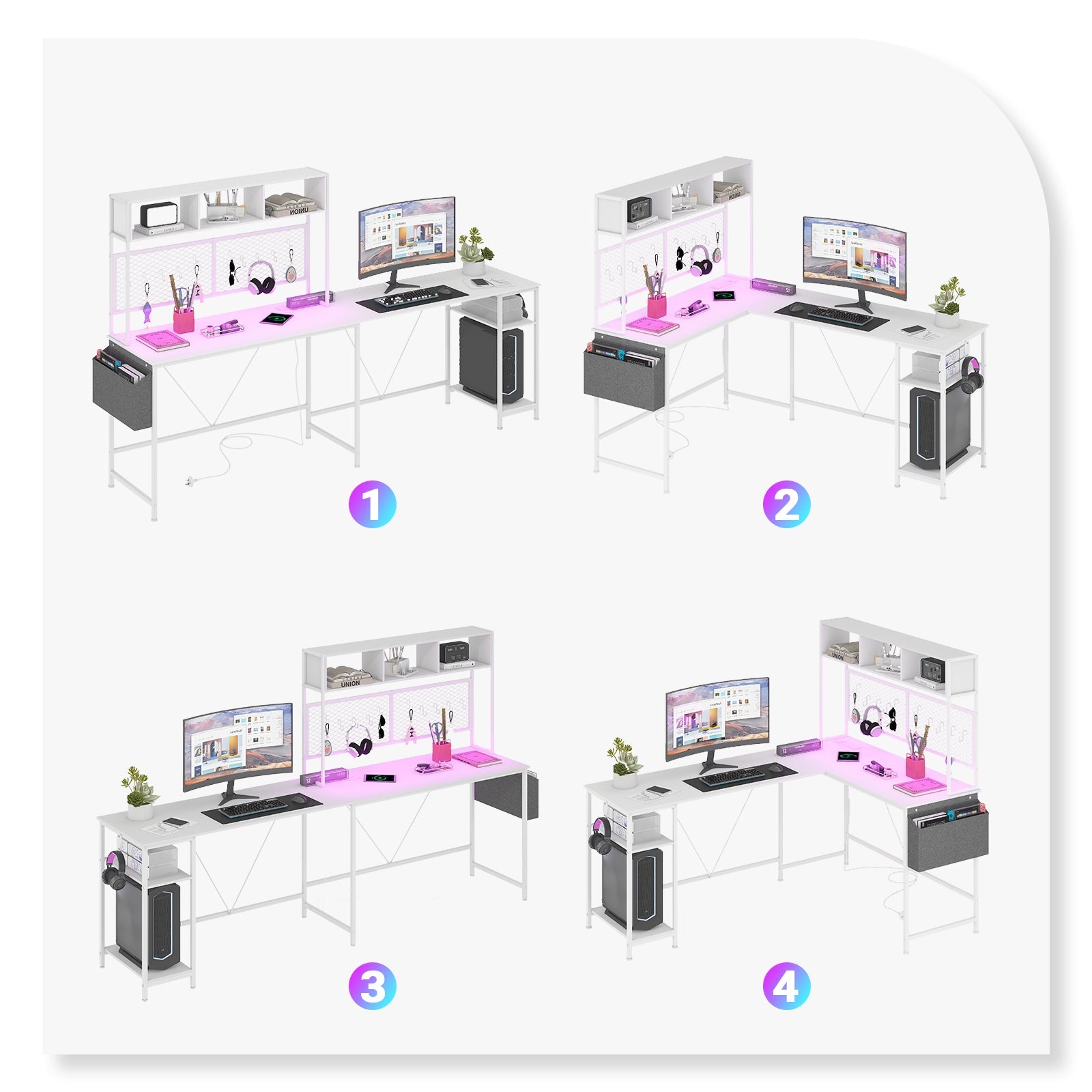 L Vormig Gaming Bureau met RGB LED, Stopcontacten en Opbergplank 170/240 cm – Walnoot Hoekbureau met Stalen Frame | Restfield