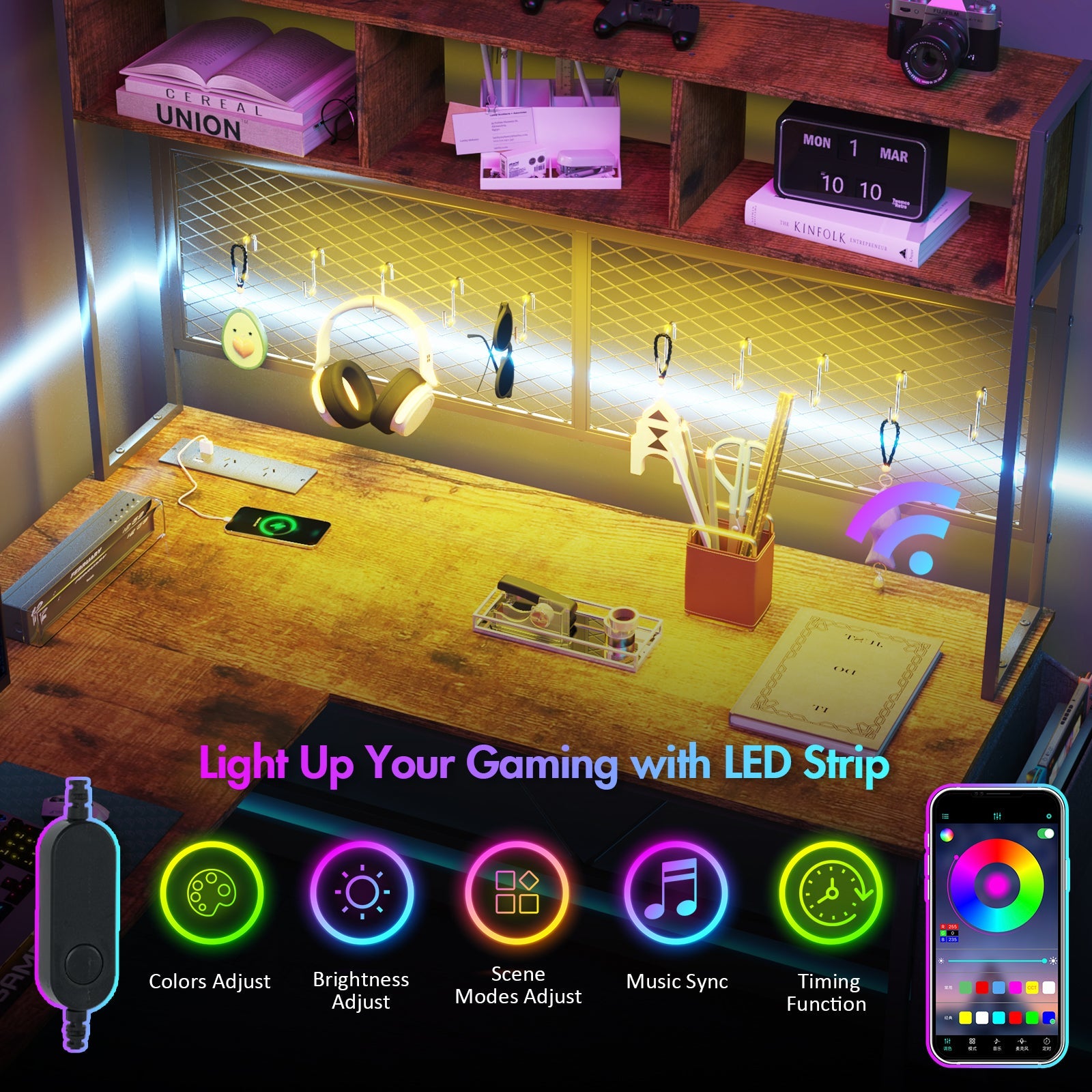 L Vormig Gaming Bureau met RGB LED, Stopcontacten en Opbergplank 170/240 cm – Walnoot Hoekbureau met Stalen Frame | Restfield