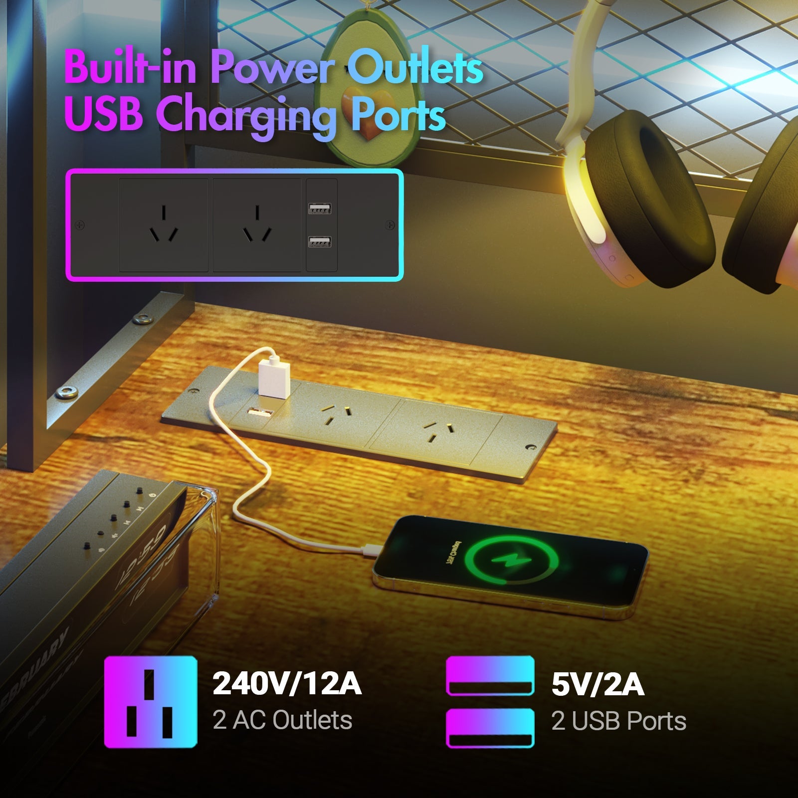 L Vormig Gaming Bureau met RGB LED, Stopcontacten en Opbergplank 170/240 cm – Walnoot Hoekbureau met Stalen Frame | Restfield