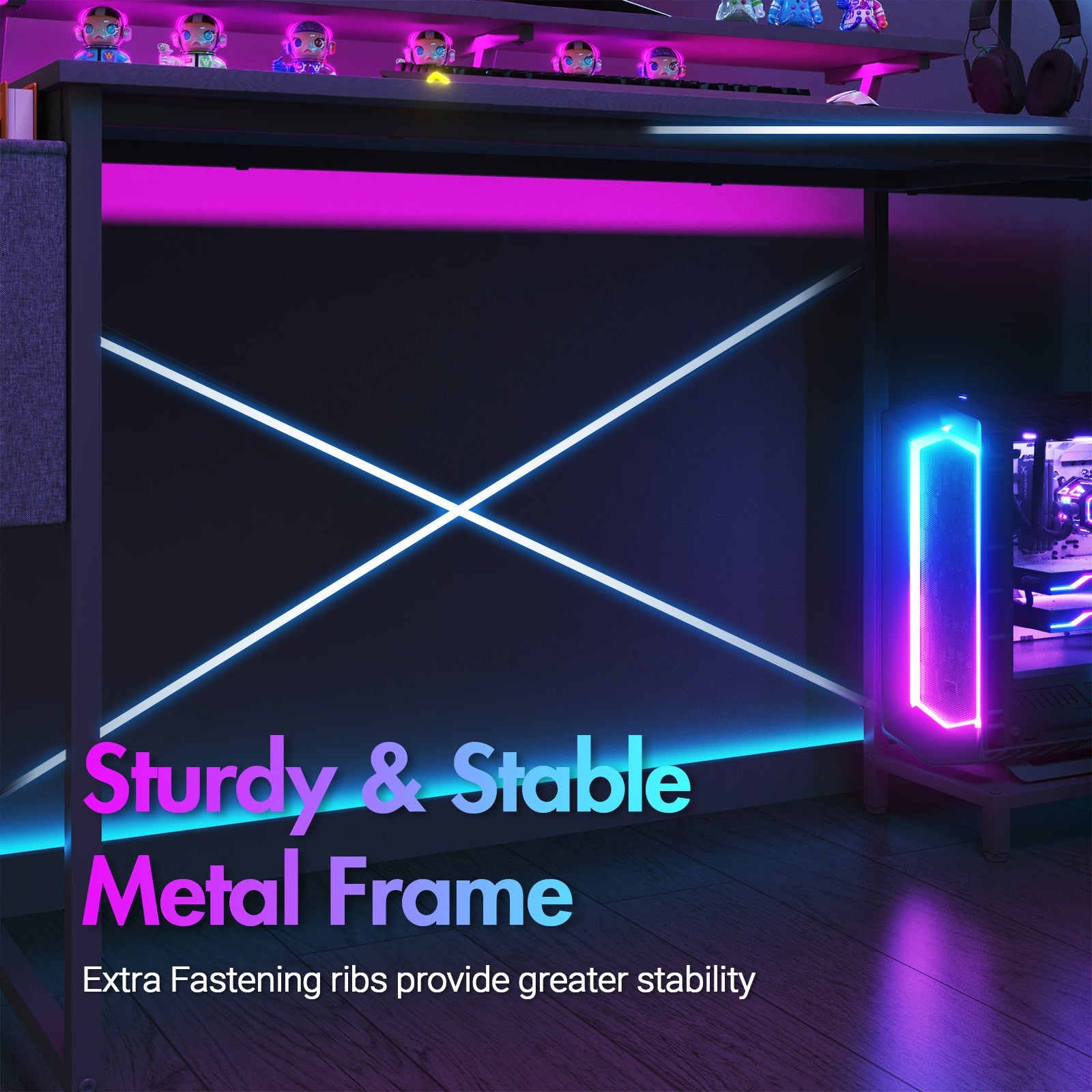 L Vormig Gaming Bureau met RGB LED, Stopcontacten en Monitorstandaard – 140 of 160 cm Hoekbureau Zwart | Restfield