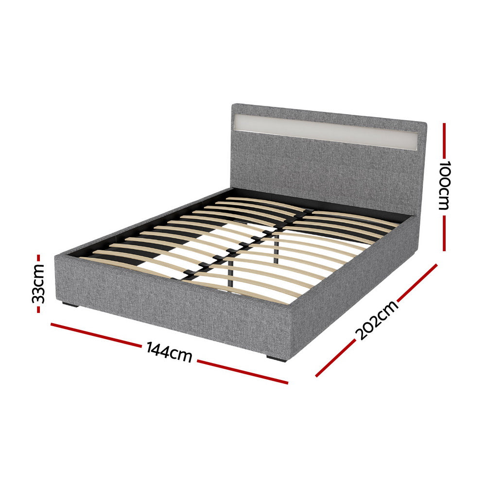 Tweepersoons Bedframe met Gaslift Opbergruimte en LED Hoofdbord – Grijs Gestoffeerd 140x190 cm | Restfield