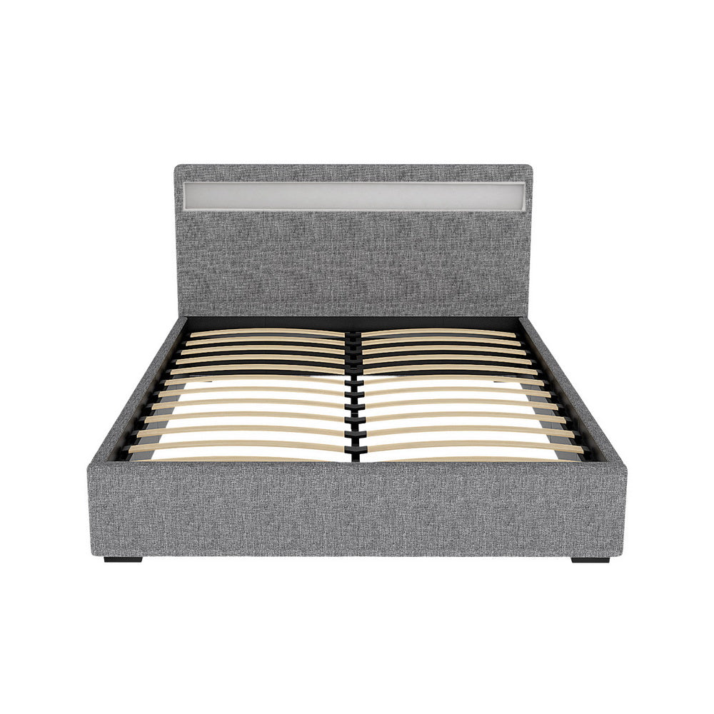 Tweepersoons Bedframe met Gaslift Opbergruimte en LED Hoofdbord – Grijs Gestoffeerd 140x190 cm | Restfield