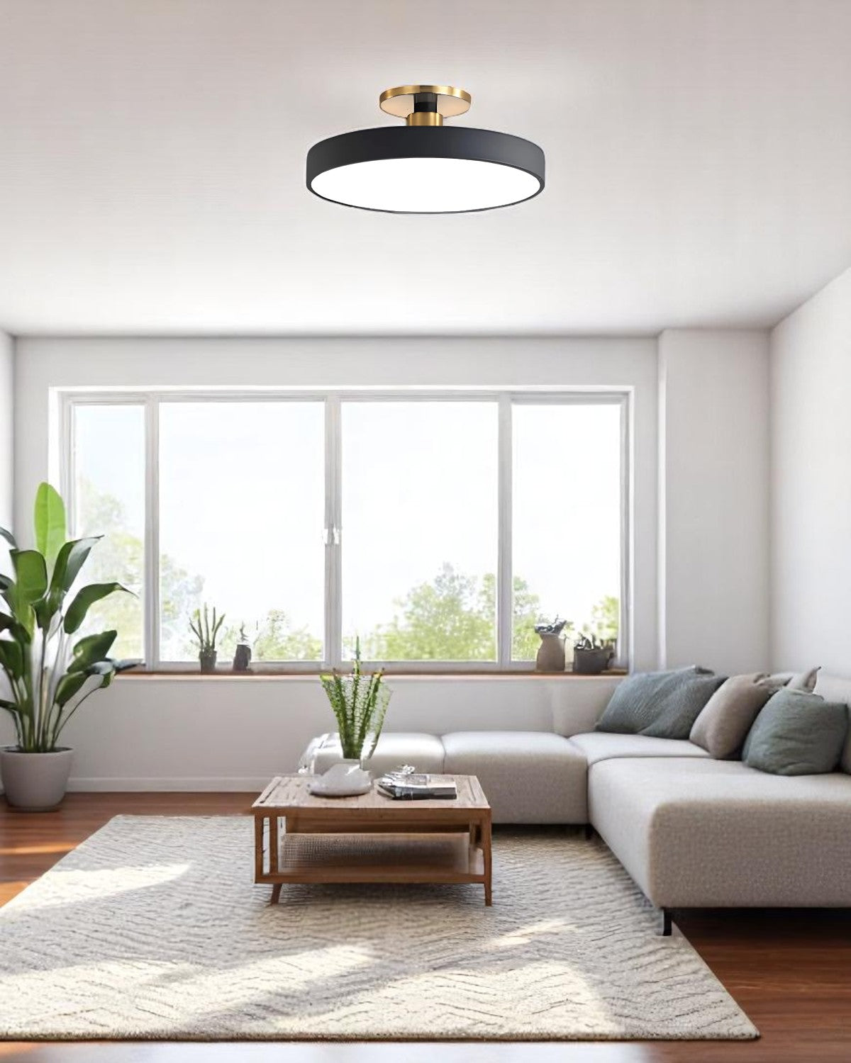 Moderne ronde plafondlamp met goud detail en acryl diffuser – minimalistische semi flush design verlichting voor woonkamer en slaapkamer | Restfield