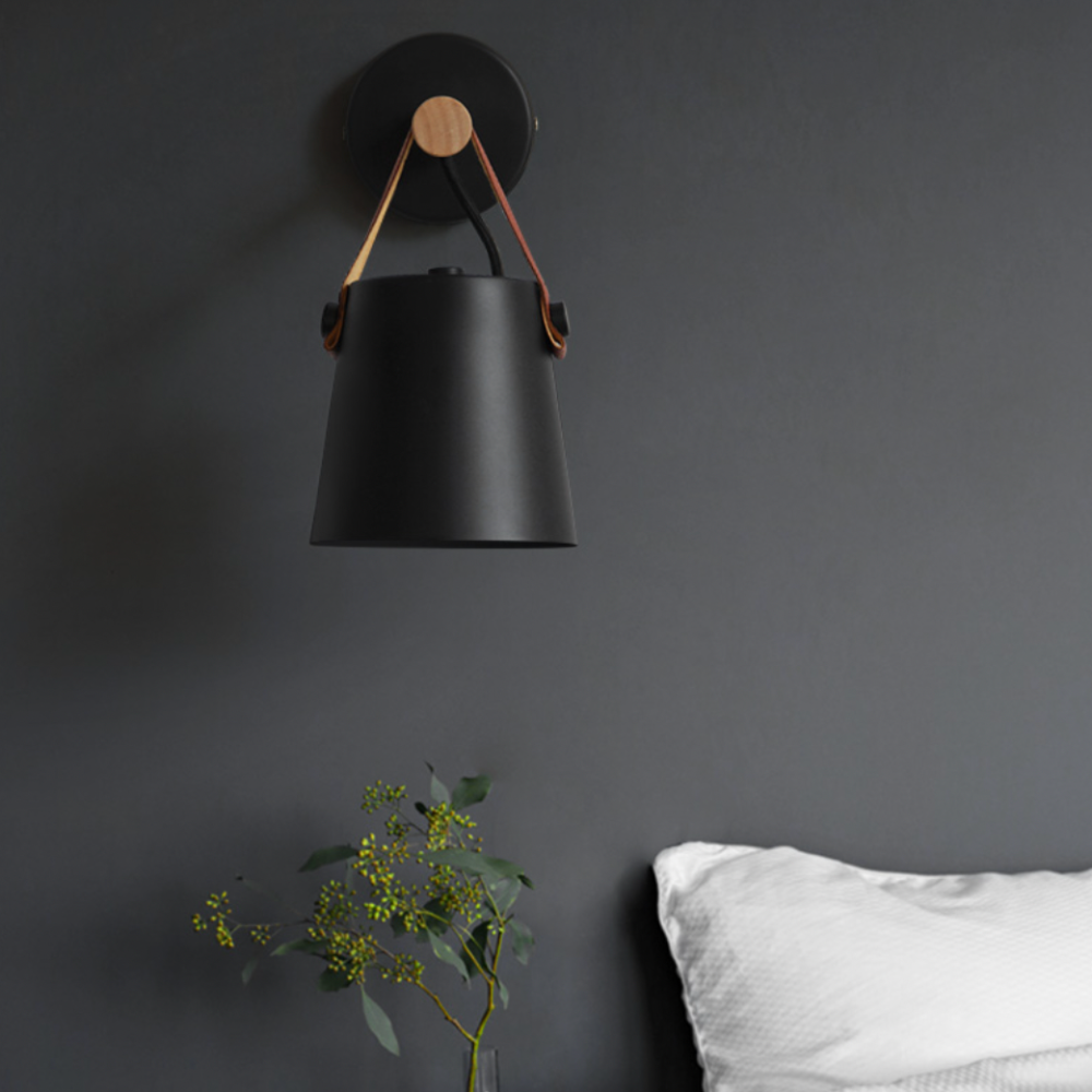 Scandinavische Houten Wandlamp Met Metalen Kap En Leren Band Moderne Design Wandverlichting Voor Slaapkamer Woonkamer Hal Met E27 Fitting | Restfield