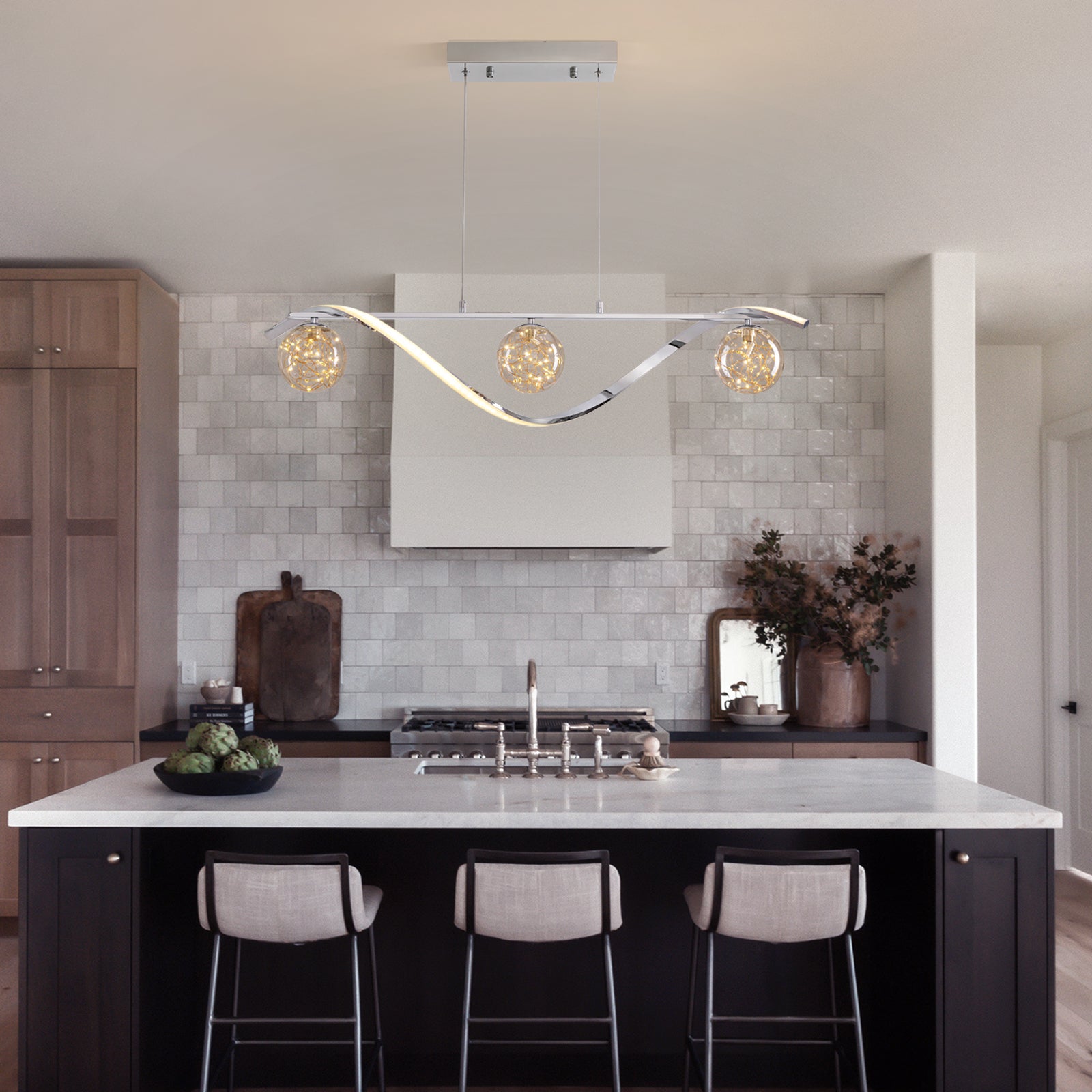 Hanglamp Lineair Glazen Bollen LED Strip Goud Chroom 100cm Eetkamer Keukeneiland Modern | Restfield