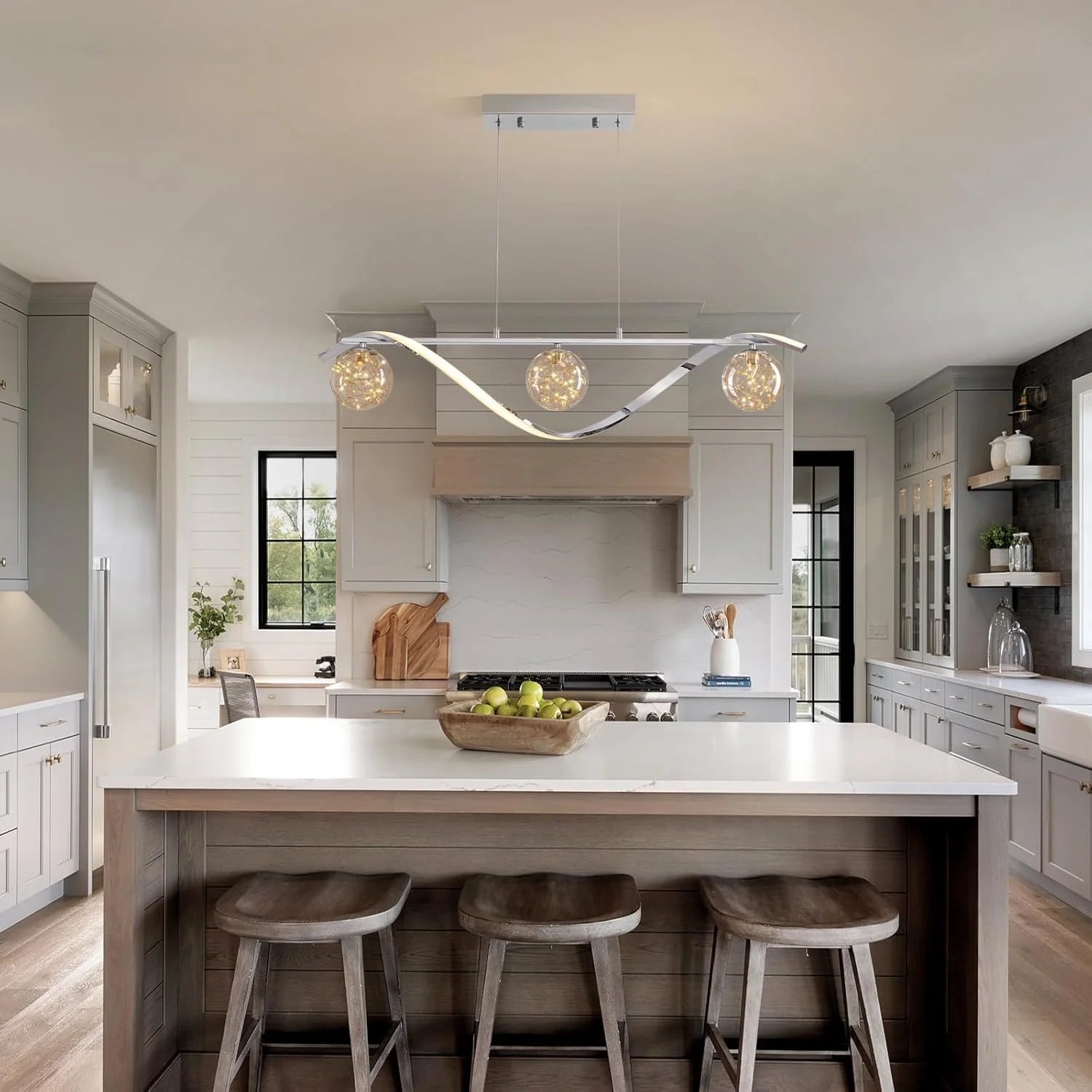 Hanglamp Lineair Glazen Bollen LED Strip Goud Chroom 100cm Eetkamer Keukeneiland Modern | Restfield