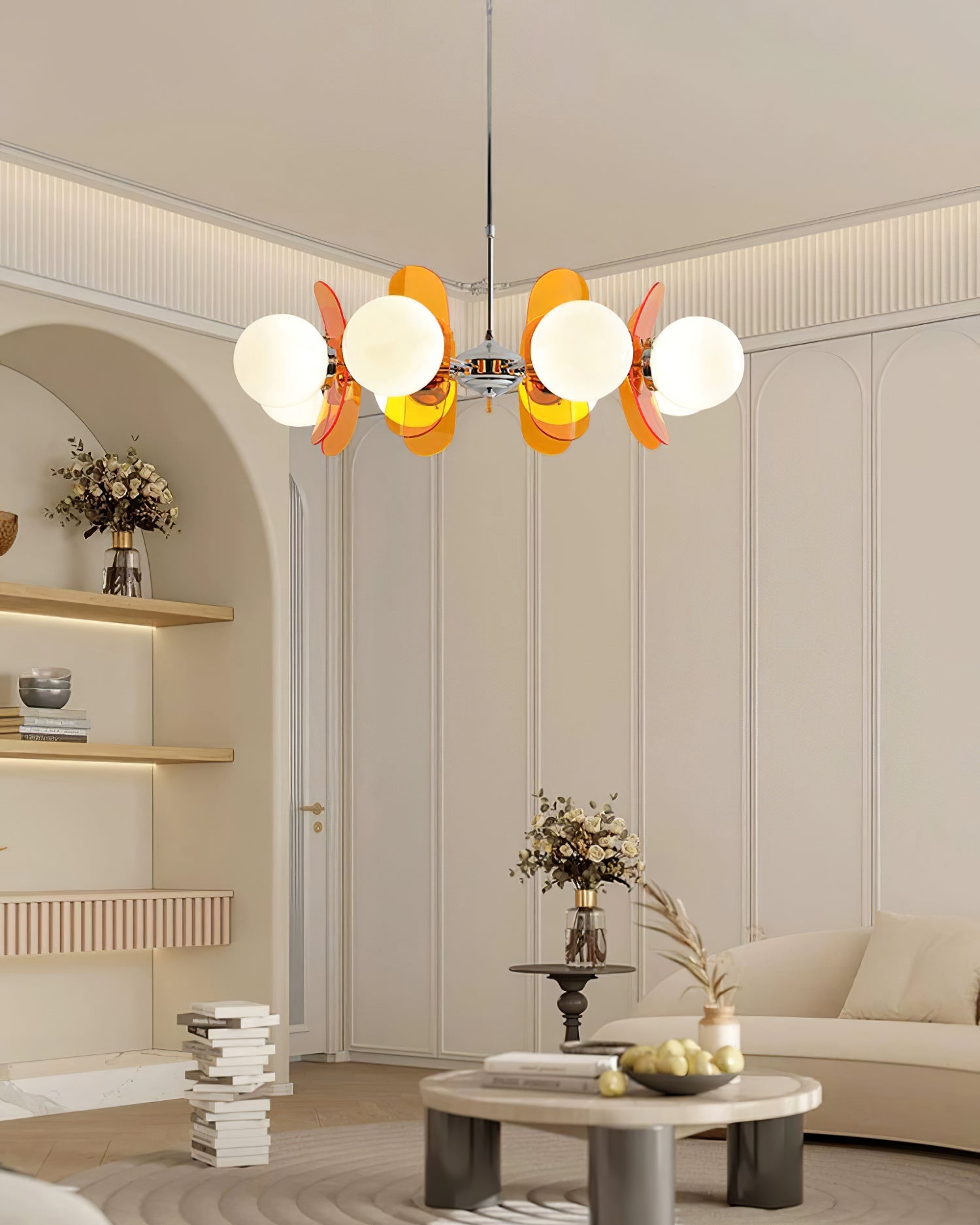 Moderne Sputnik Kroonluchter met Gekleurde Acryl Elementen en Witte Glazen Bollen – Design Hanglamp Meerdere Lichtpunten | Restfield