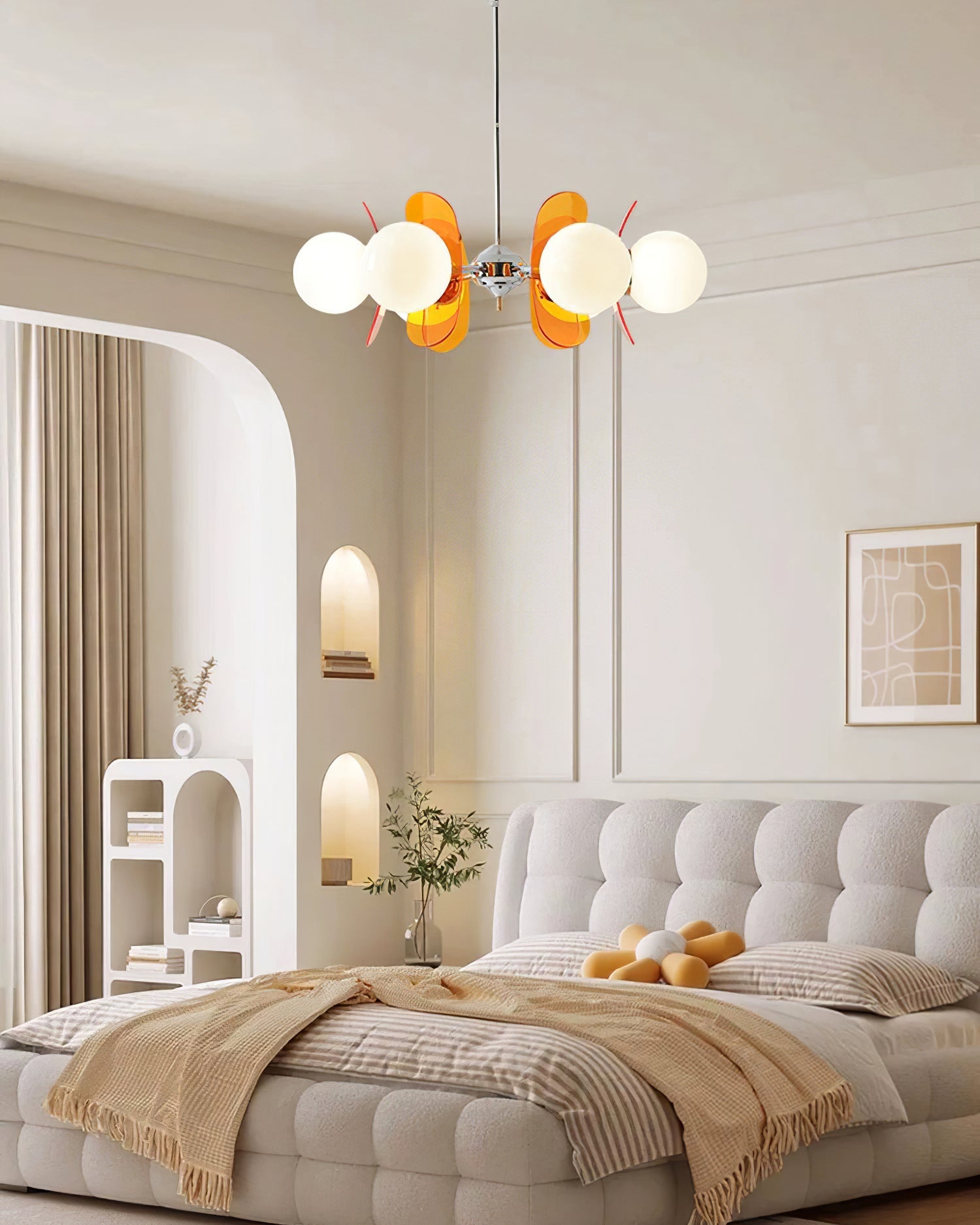 Moderne Sputnik Kroonluchter met Gekleurde Acryl Elementen en Witte Glazen Bollen – Design Hanglamp Meerdere Lichtpunten | Restfield