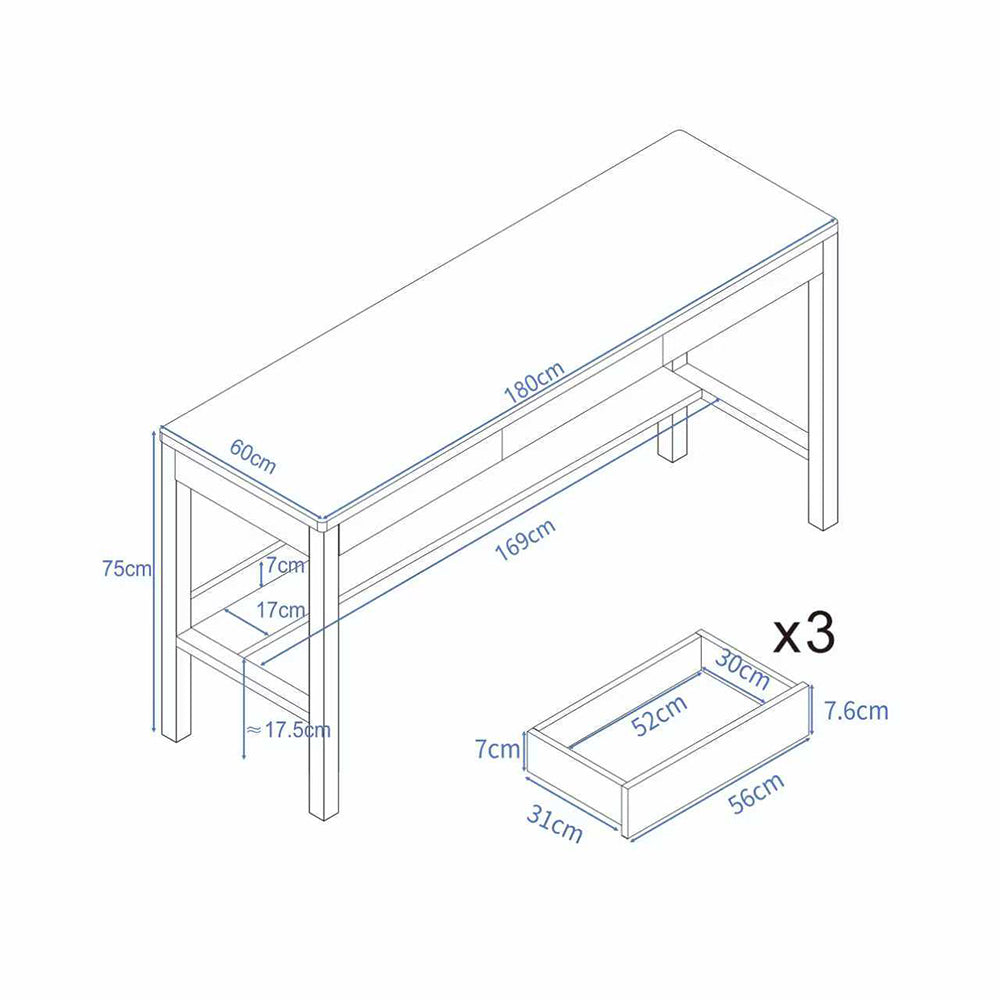 Massief Houten Bureau 160 of 180 cm met Lades en Boekenstandaard – Natuurlijk Rubberhout Design | Restfield