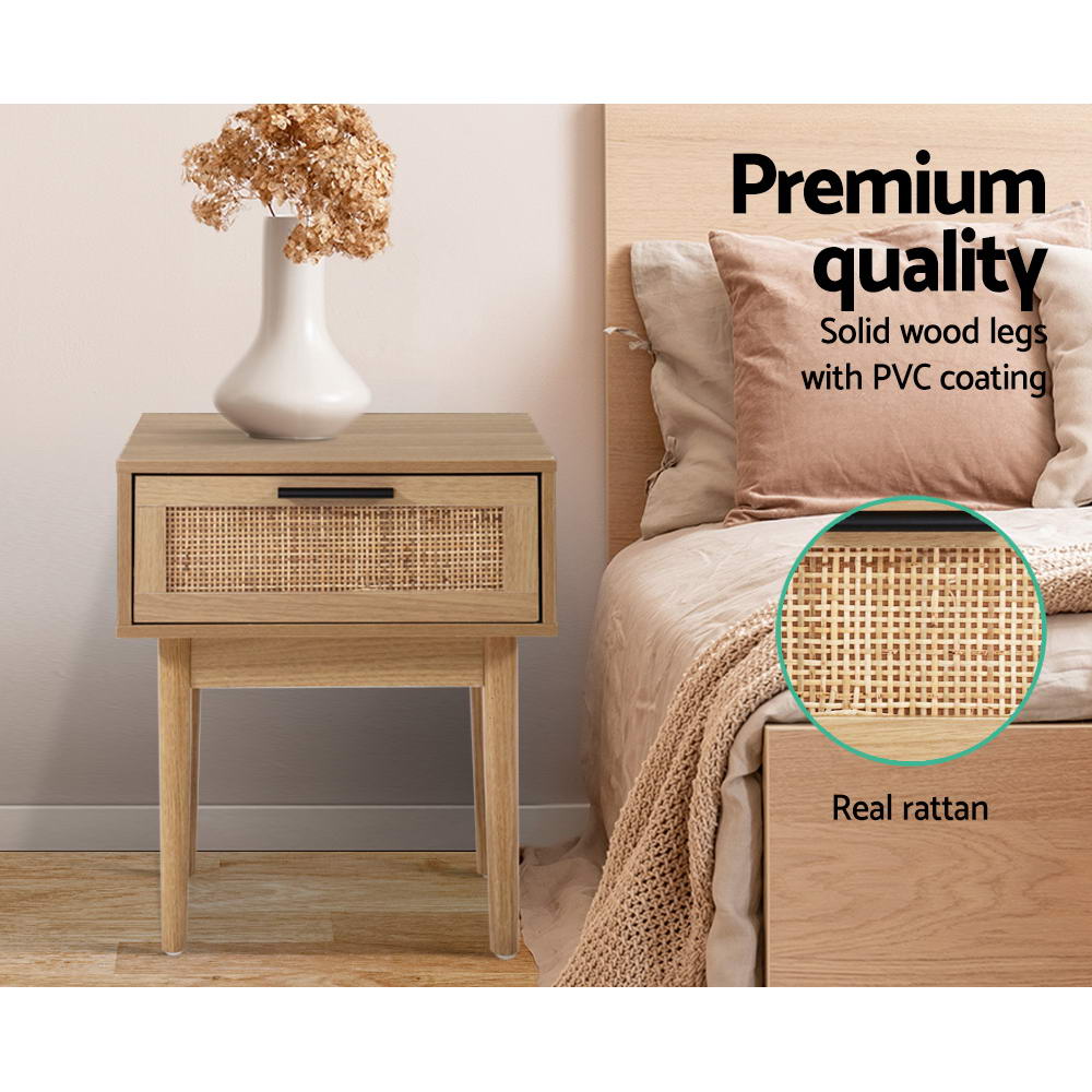 Nachtkastje met Rotan Lade en Houten Poten – Compact Boho Design 40 cm | Restfield