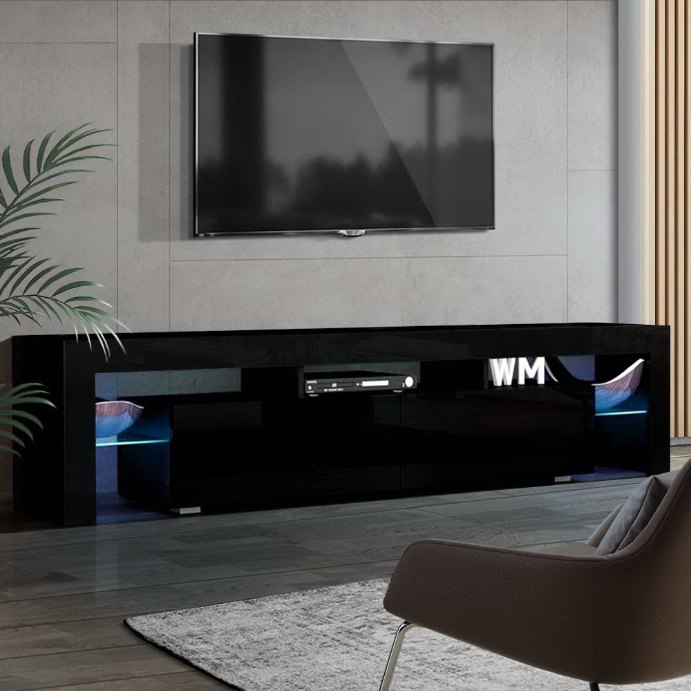 Moderne TV Meubel met RGB LED Verlichting 189 cm – Zwart Hoogglans Entertainment Unit met Lades en Glazen Plank | Restfield