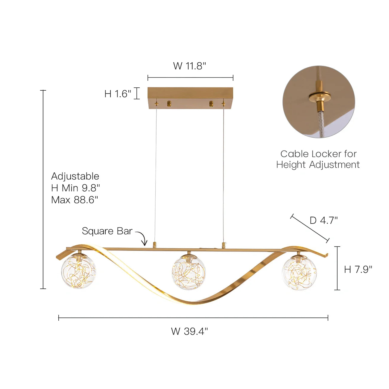 Hanglamp Lineair Glazen Bollen LED Strip Goud Chroom 100cm Eetkamer Keukeneiland Modern | Restfield