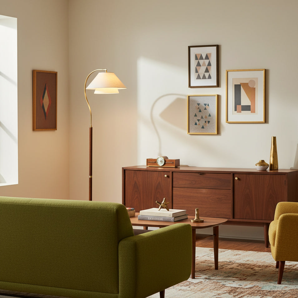 Luxe Vloerlamp met Dubbele Stoffen Kap en Houten Details – 155 cm Hoog Design Statement | Restfield