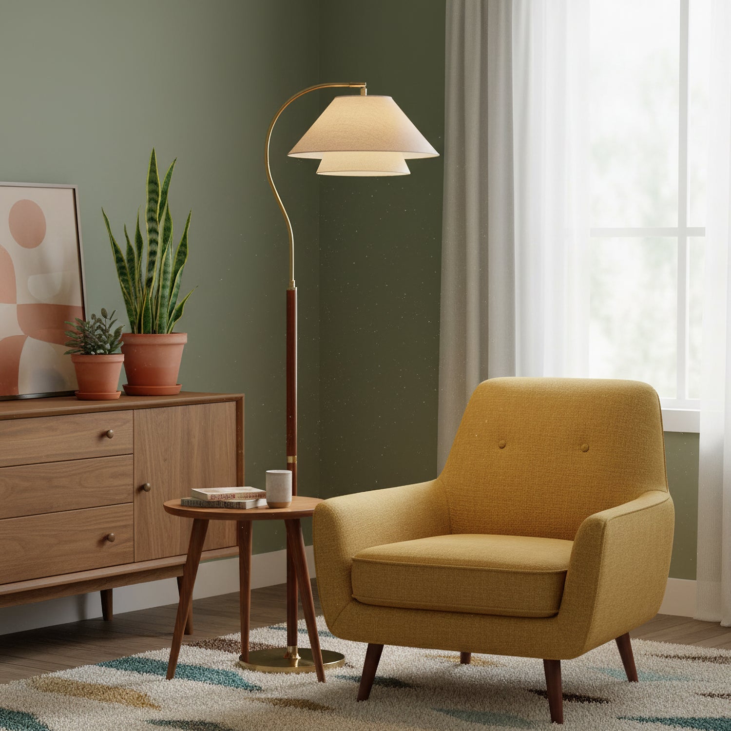 Luxe Vloerlamp met Dubbele Stoffen Kap en Houten Details – 155 cm Hoog Design Statement | Restfield