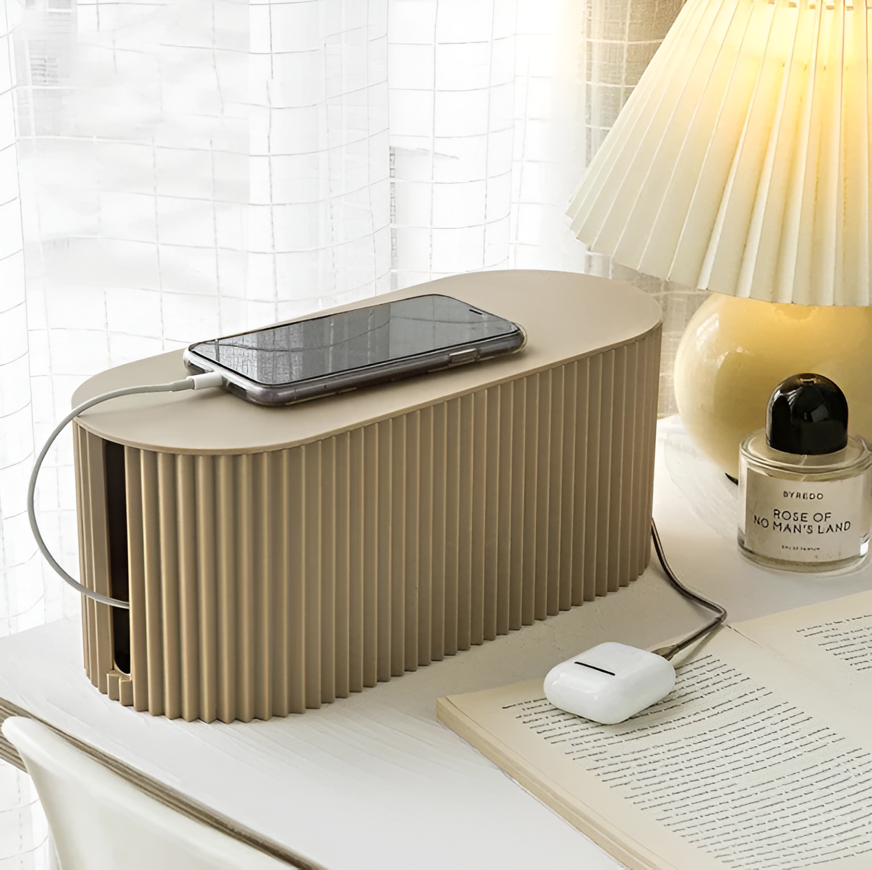 Kabel Opbergbox Met Deksel Geribbeld Design Kunststof 33cm Groen Wit Bruin | Restfield